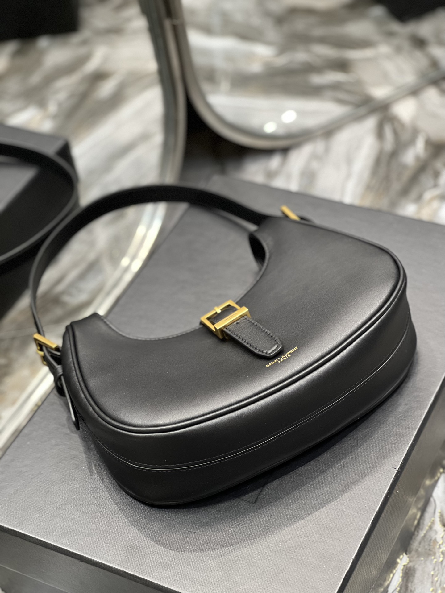 Copy Saint Laurent Le Fermori Hobo Bag In Shiny Leather Black