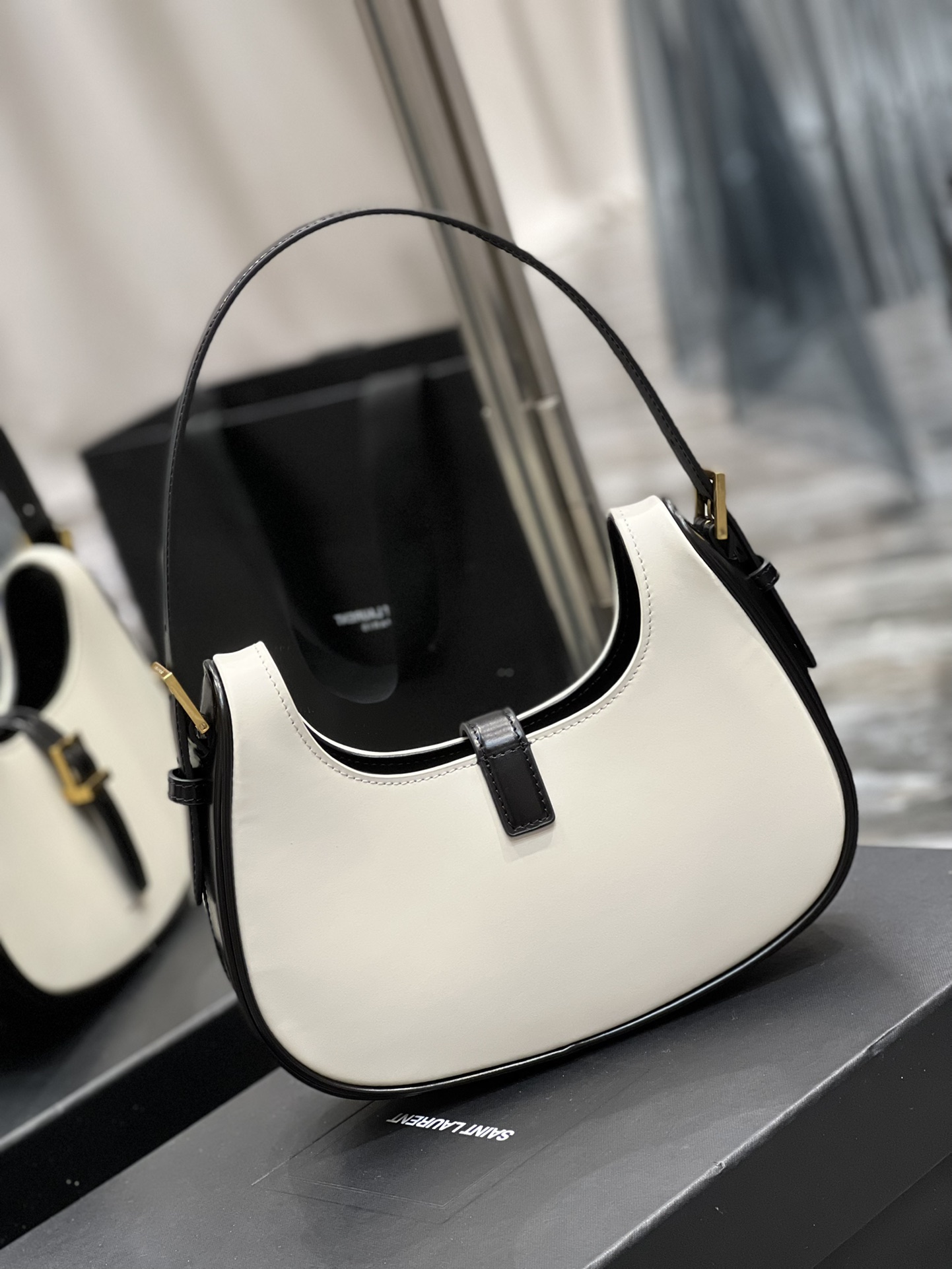 Copy Saint Laurent Le Fermori Hobo Bag In Shiny Leather White