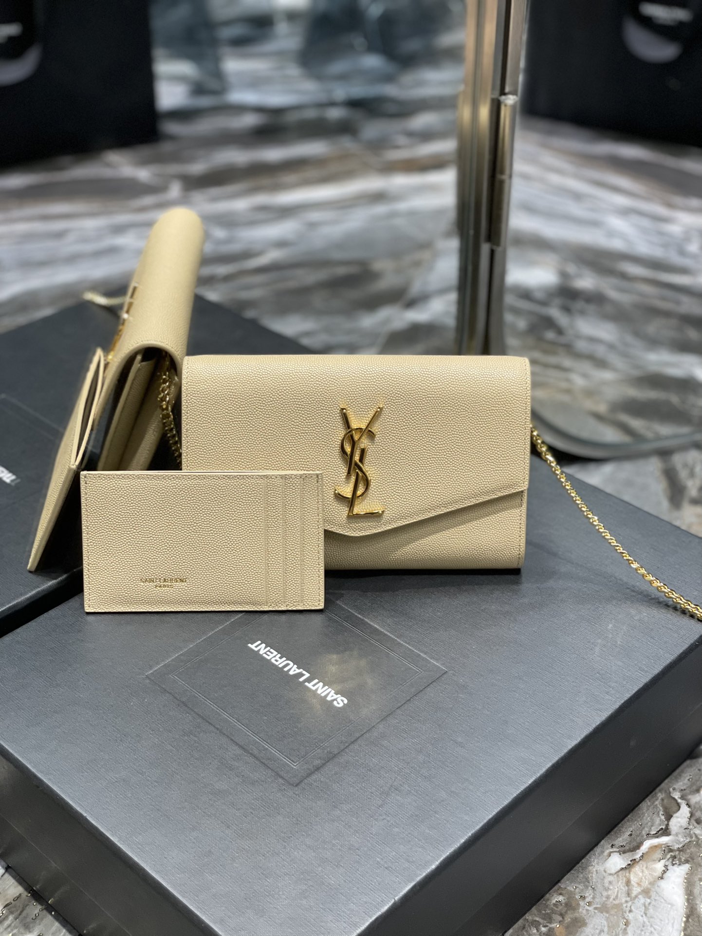 Copy Saint Laurent Uptown Chain Wallet in Grain De Poudre Embossed Leather Beige