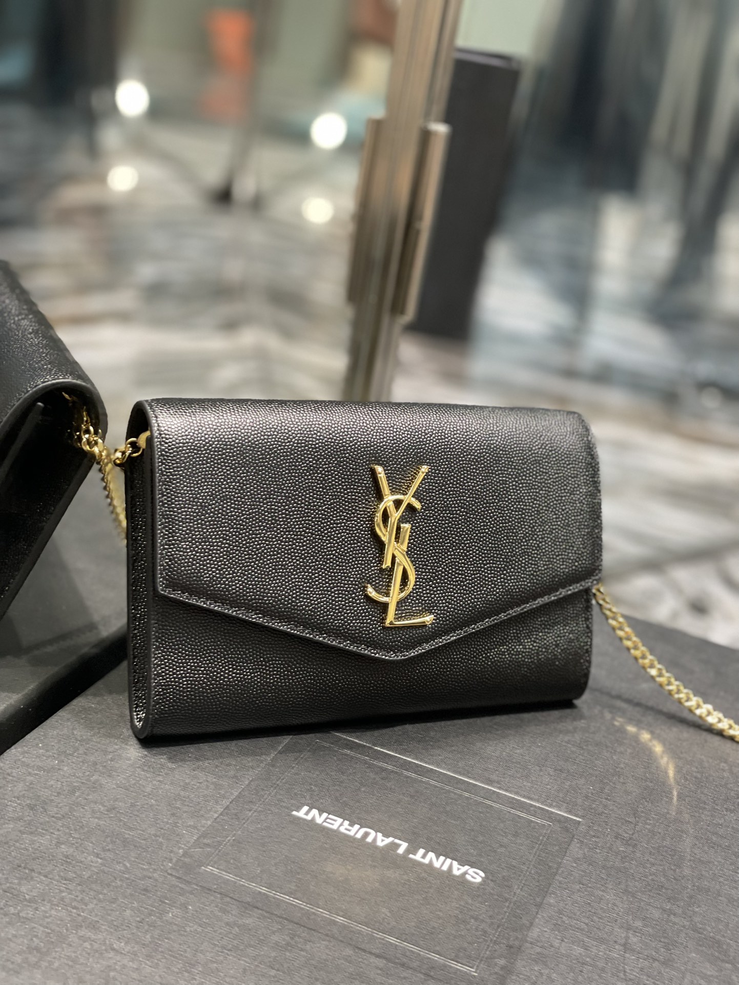 Copy Saint Laurent Uptown Chain Wallet in Grain De Poudre Embossed Leather Black