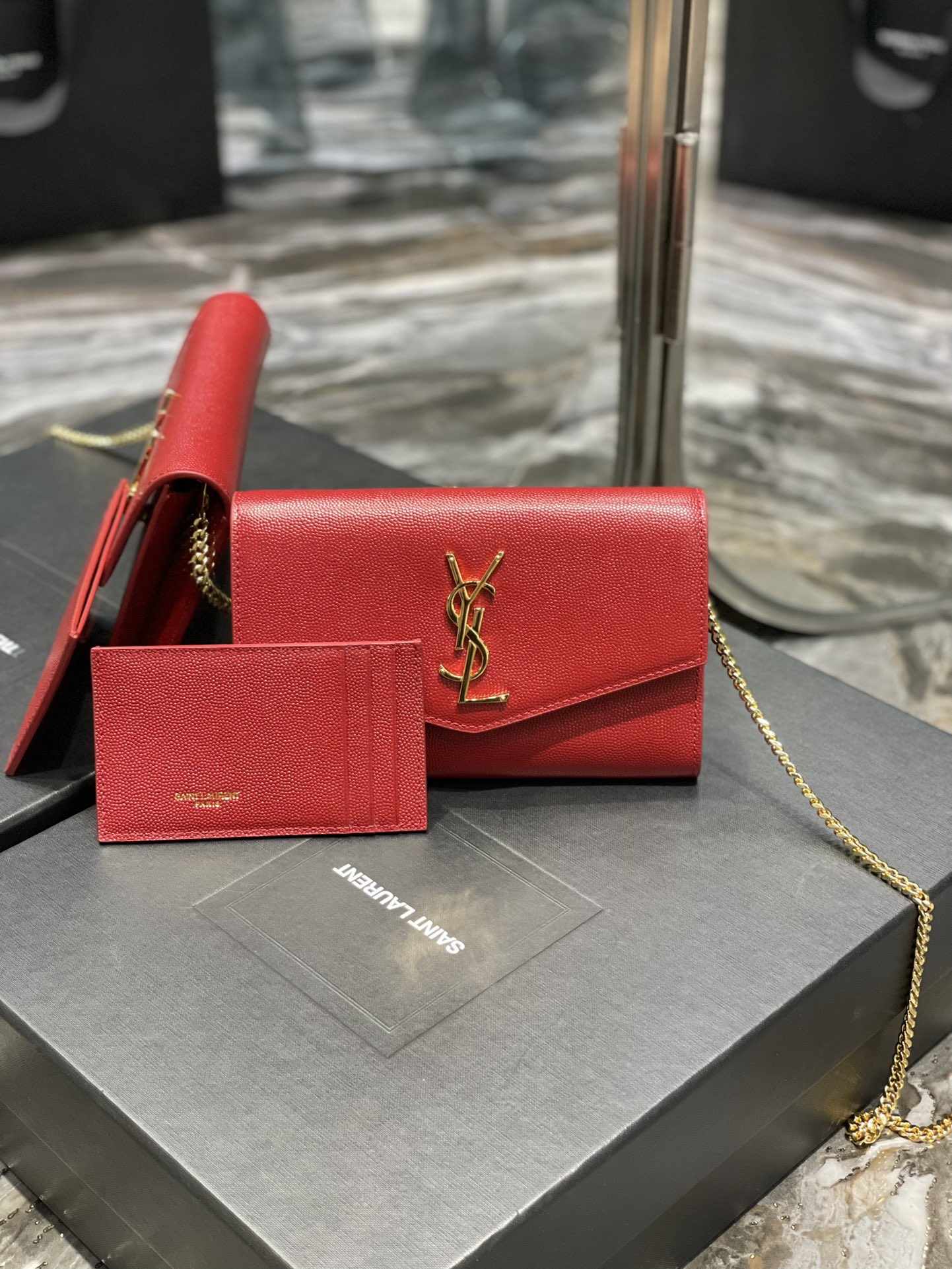 Copy Saint Laurent Uptown Chain Wallet in Grain De Poudre Embossed Leather Red