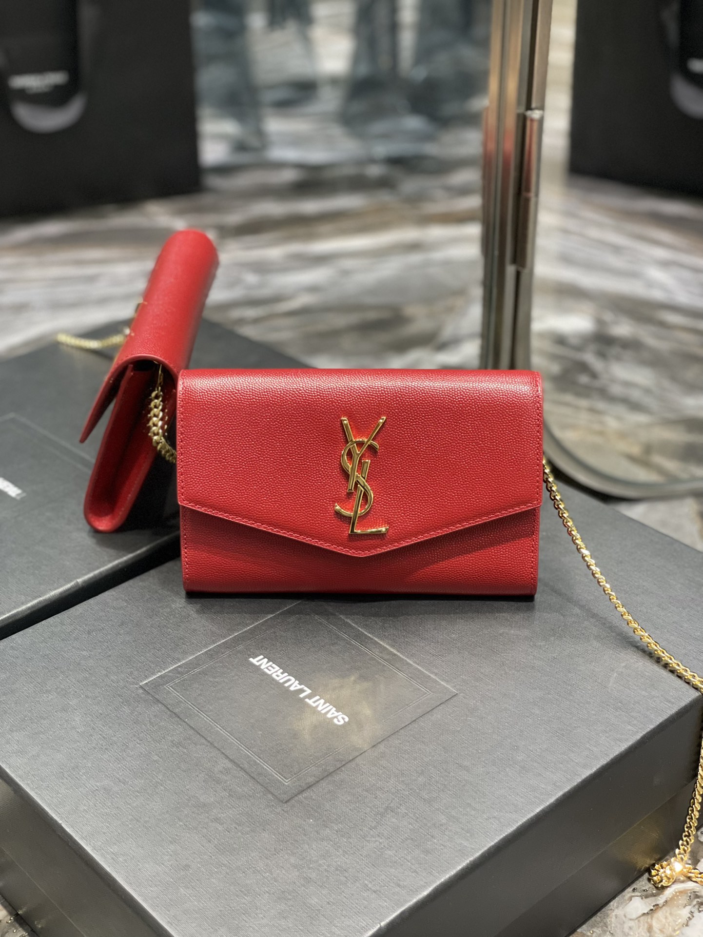 Copy Saint Laurent Uptown Chain Wallet in Grain De Poudre Embossed Leather Red