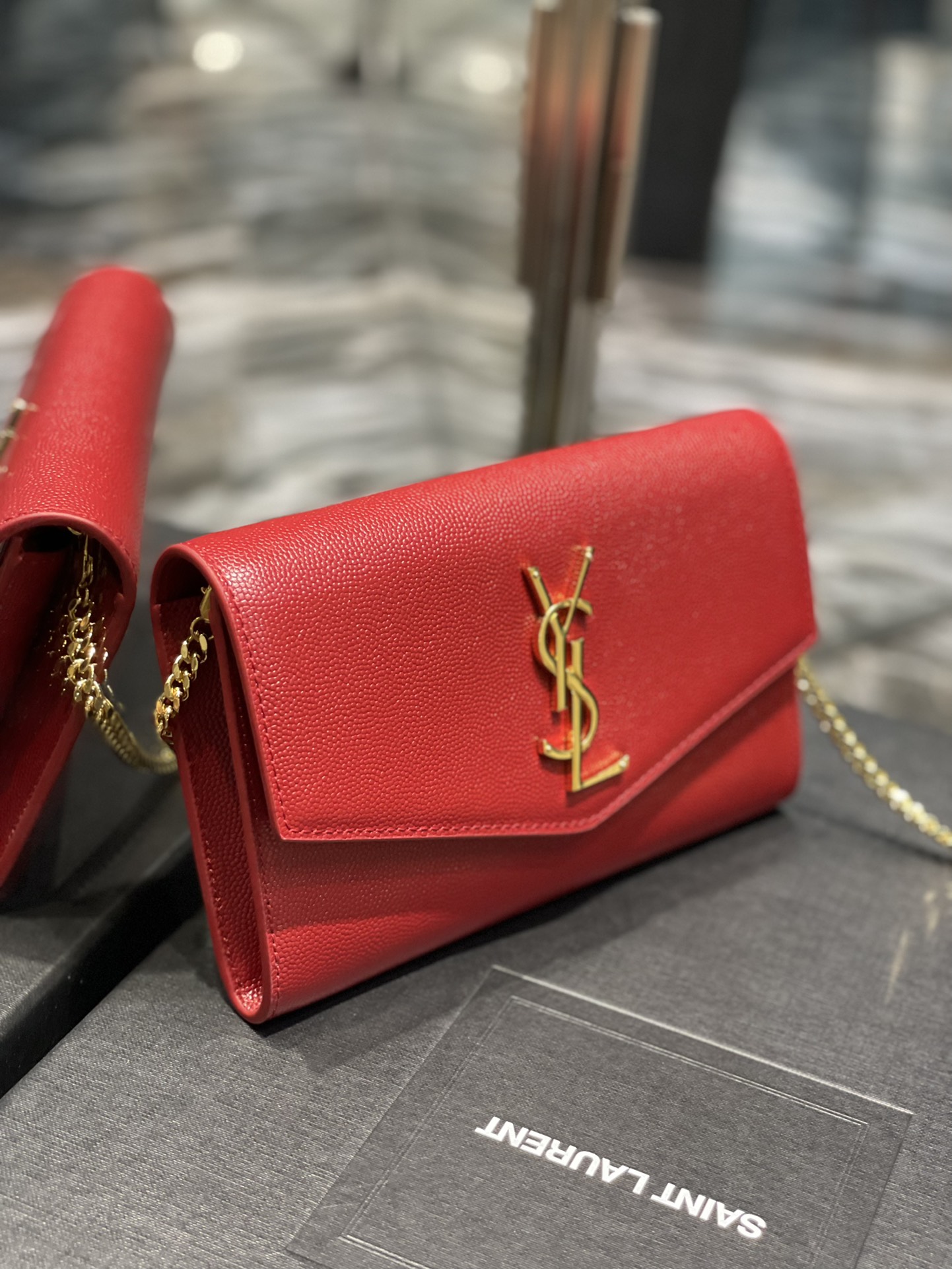 Copy Saint Laurent Uptown Chain Wallet in Grain De Poudre Embossed Leather Red