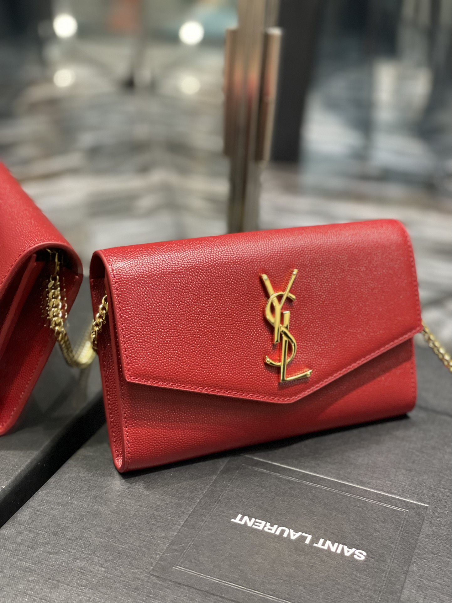 Copy Saint Laurent Uptown Chain Wallet in Grain De Poudre Embossed Leather Red