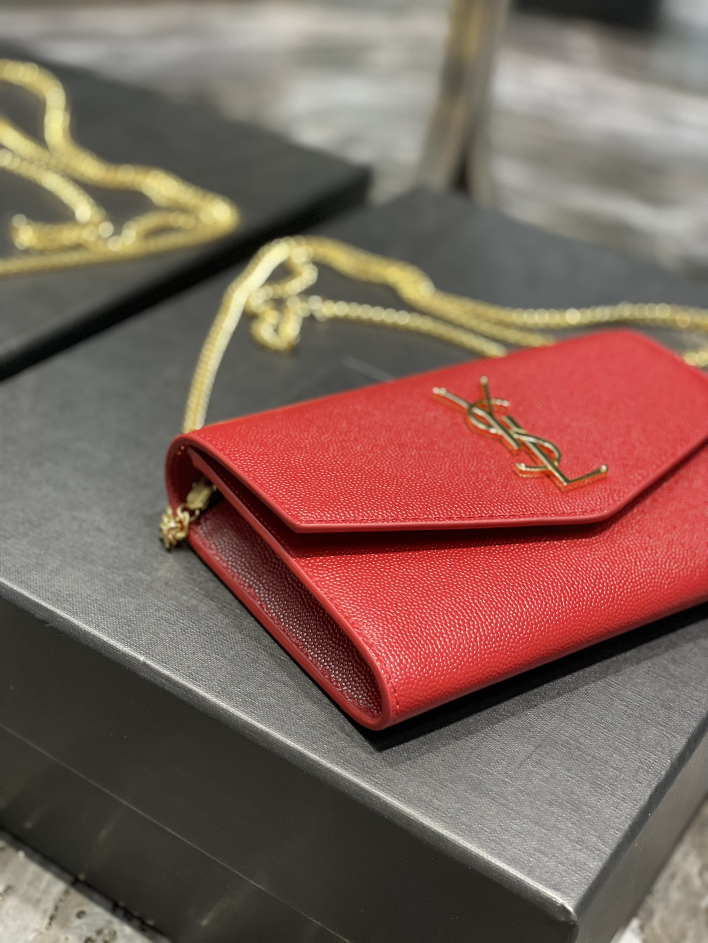 Copy Saint Laurent Uptown Chain Wallet in Grain De Poudre Embossed Leather Red