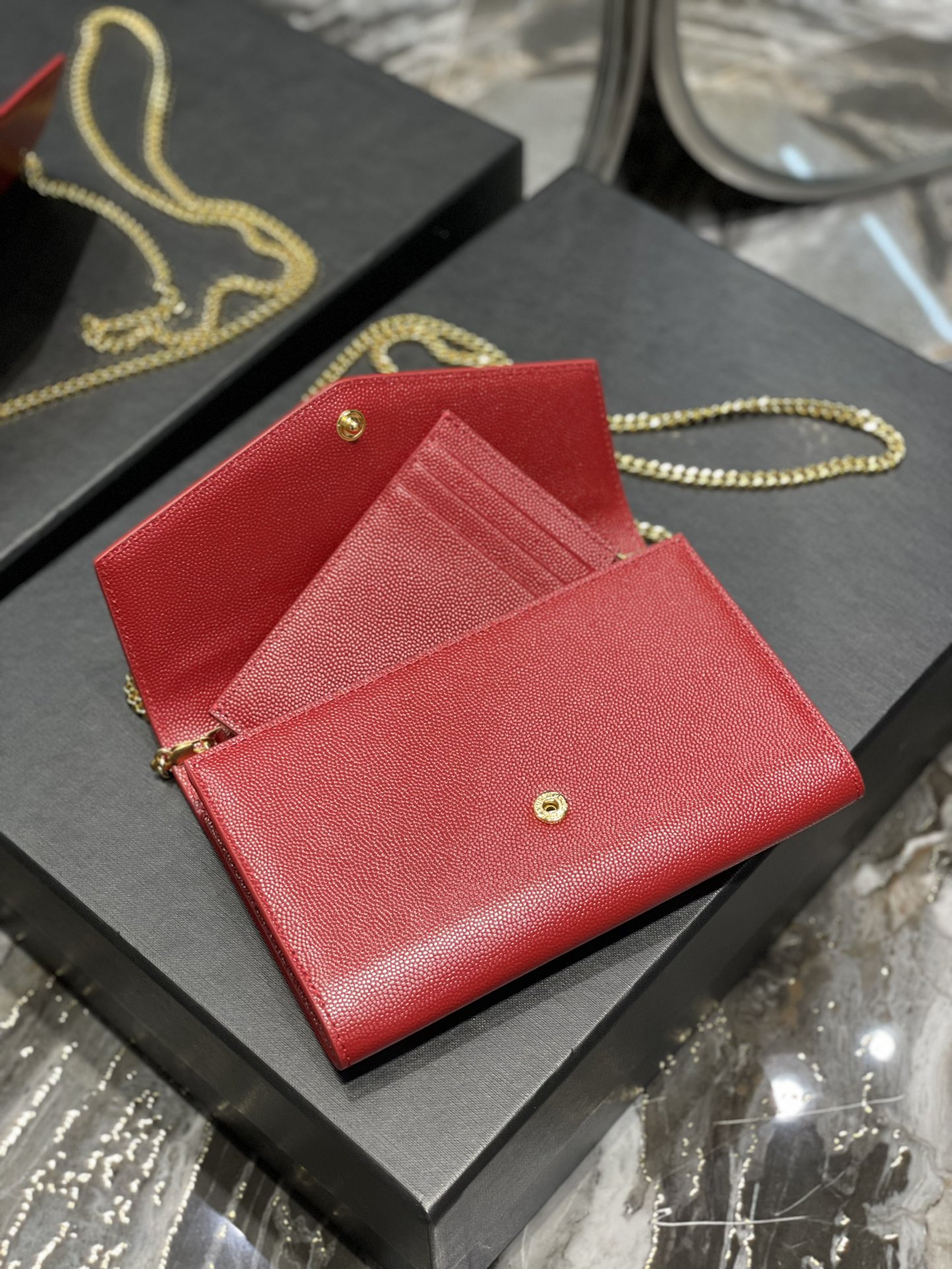 Copy Saint Laurent Uptown Chain Wallet in Grain De Poudre Embossed Leather Red