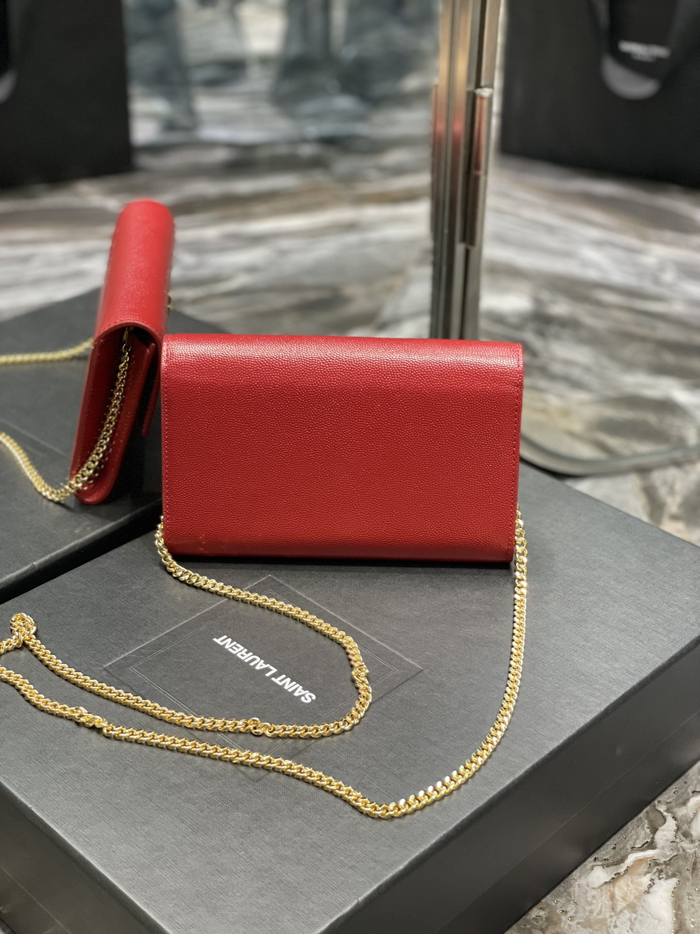 Copy Saint Laurent Uptown Chain Wallet in Grain De Poudre Embossed Leather Red