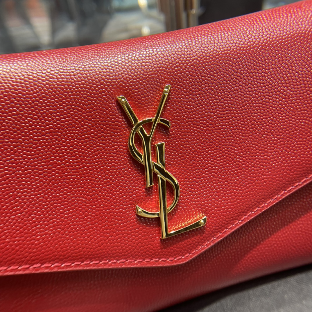 Copy Saint Laurent Uptown Chain Wallet in Grain De Poudre Embossed Leather Red