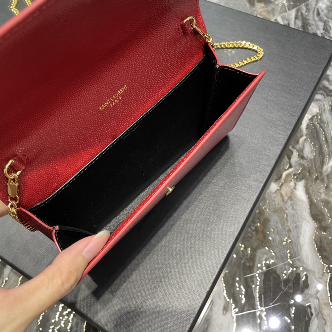 Copy Saint Laurent Uptown Chain Wallet in Grain De Poudre Embossed Leather Red