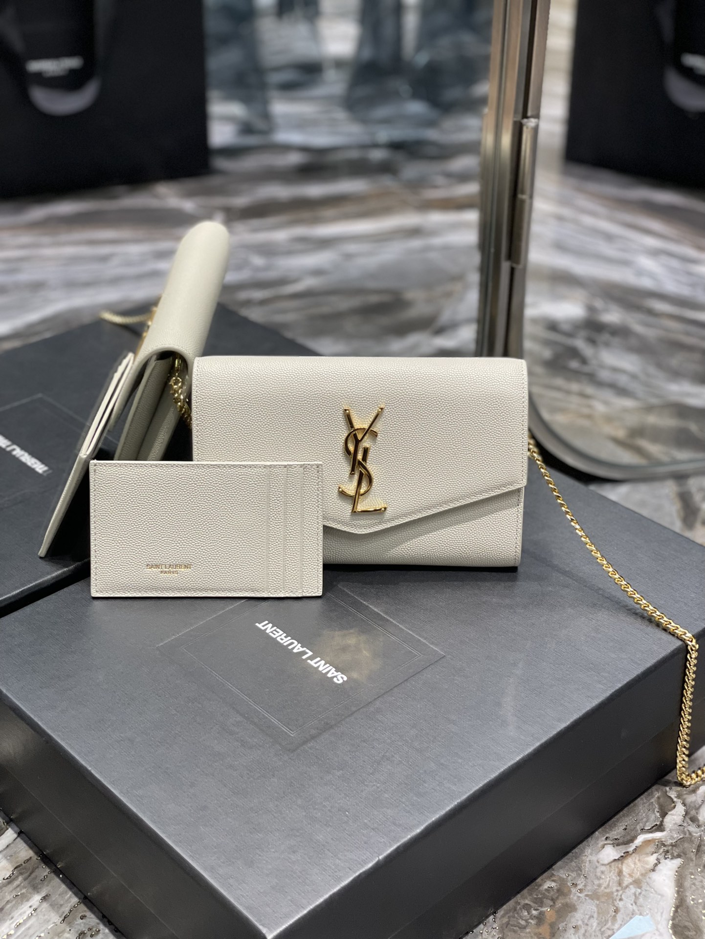 Copy Saint Laurent Uptown Chain Wallet in Grain De Poudre Embossed Leather White