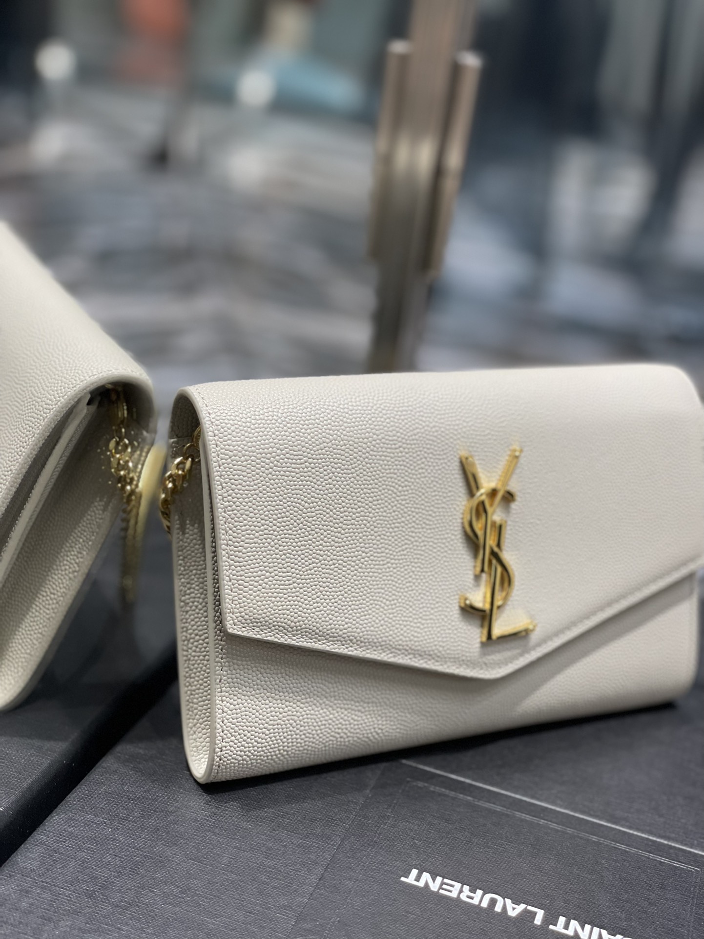 Copy Saint Laurent Uptown Chain Wallet in Grain De Poudre Embossed Leather White