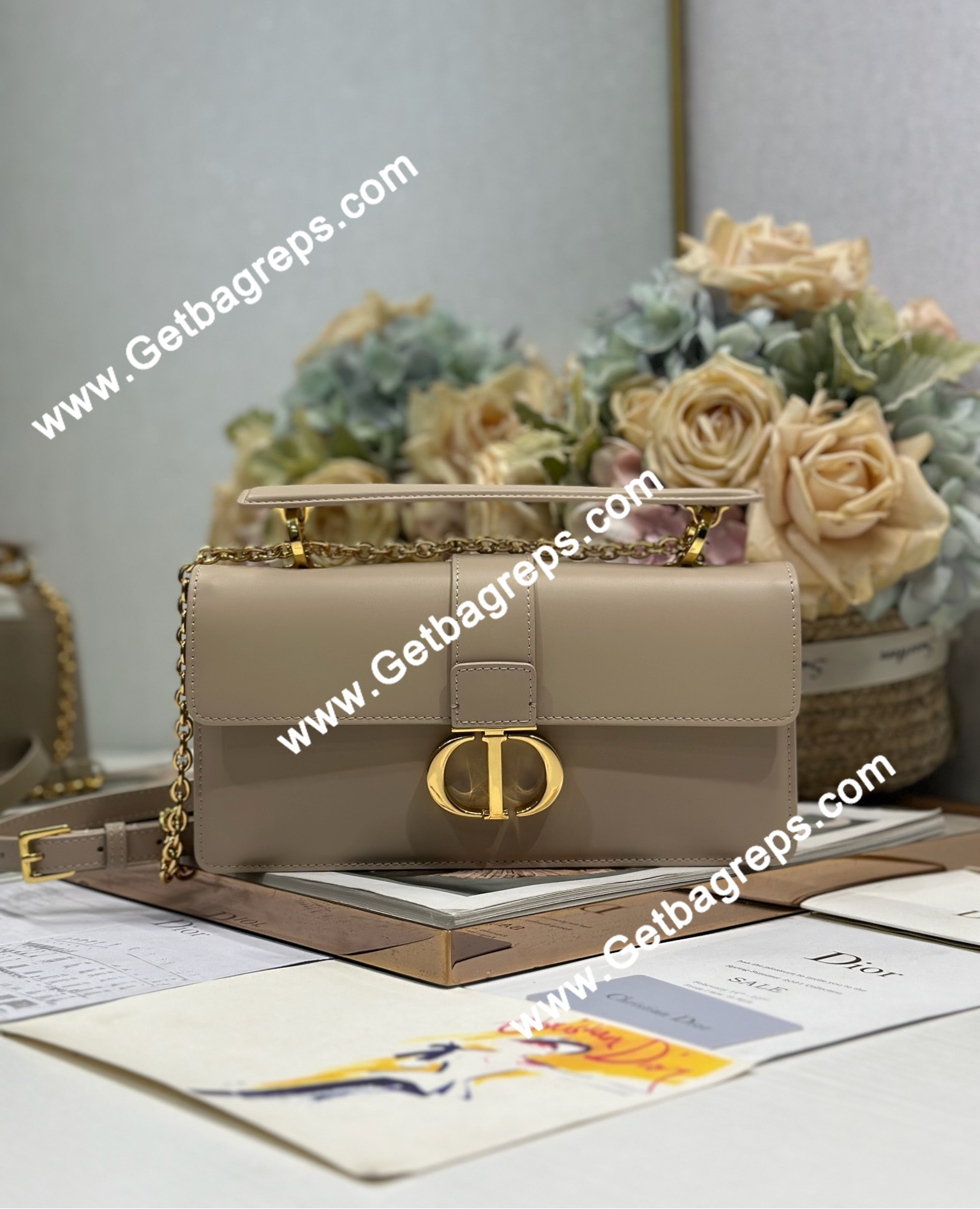 Dior 30 Montaigne Avenue Small Top Handle Bag Apricot Ribbed Calfskin