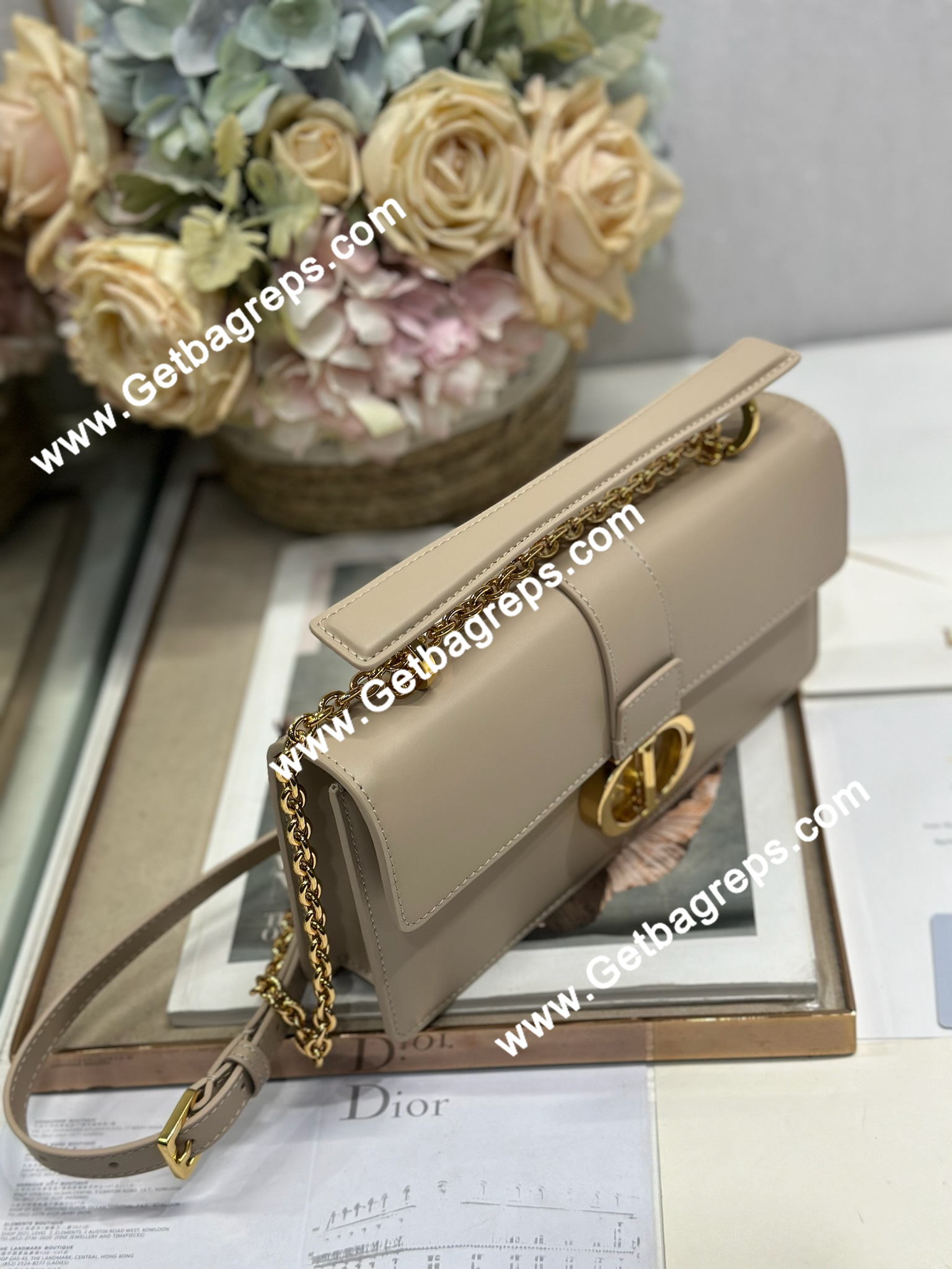 Dior 30 Montaigne Avenue Small Top Handle Bag Apricot Ribbed Calfskin