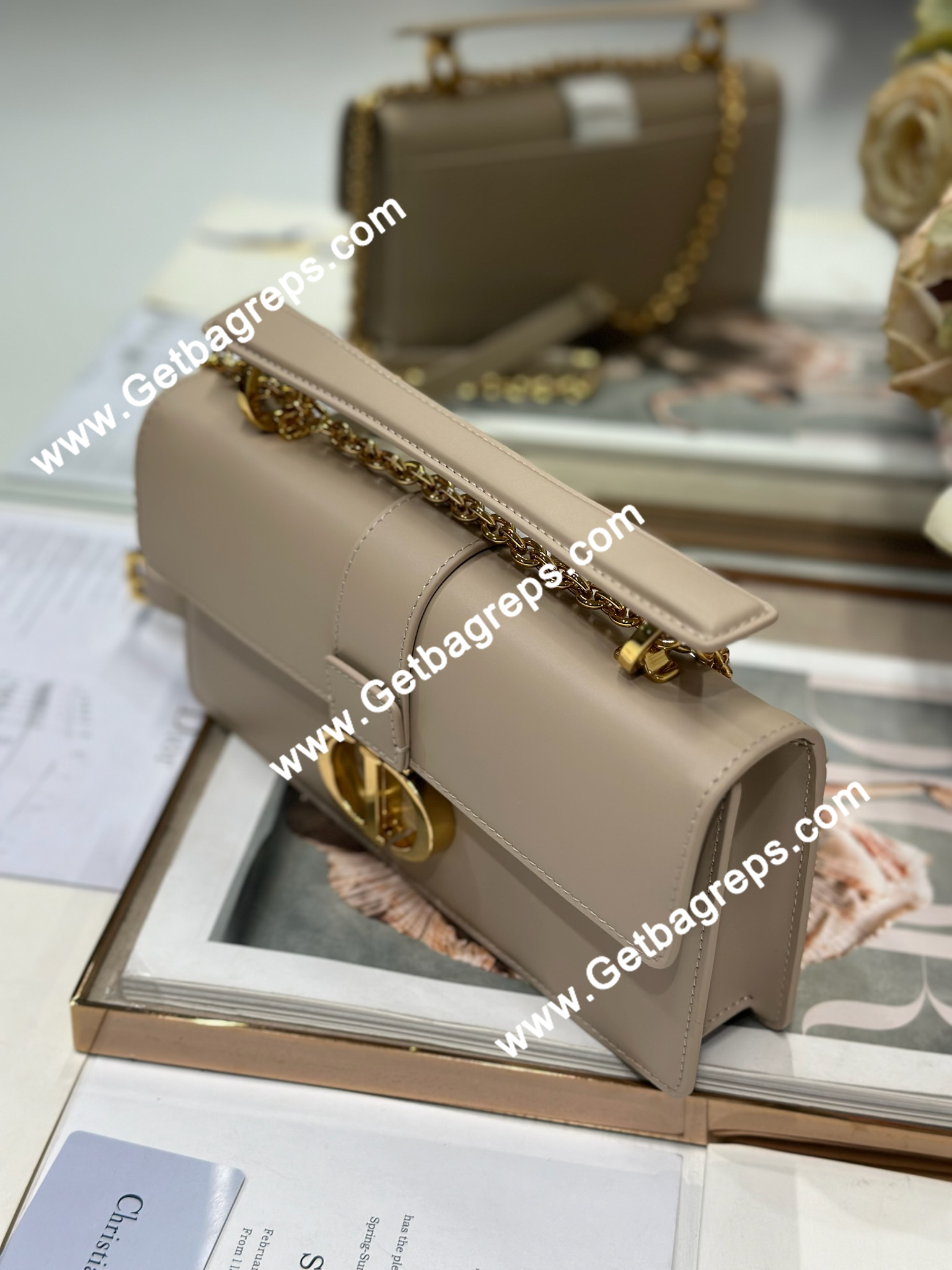 Dior 30 Montaigne Avenue Small Top Handle Bag Apricot Ribbed Calfskin