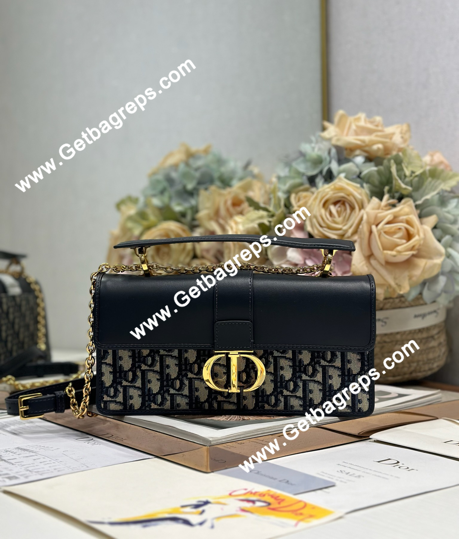 Dior 30 Montaigne Avenue Small Top Handle Bag Black Leather and Blue Oblique 