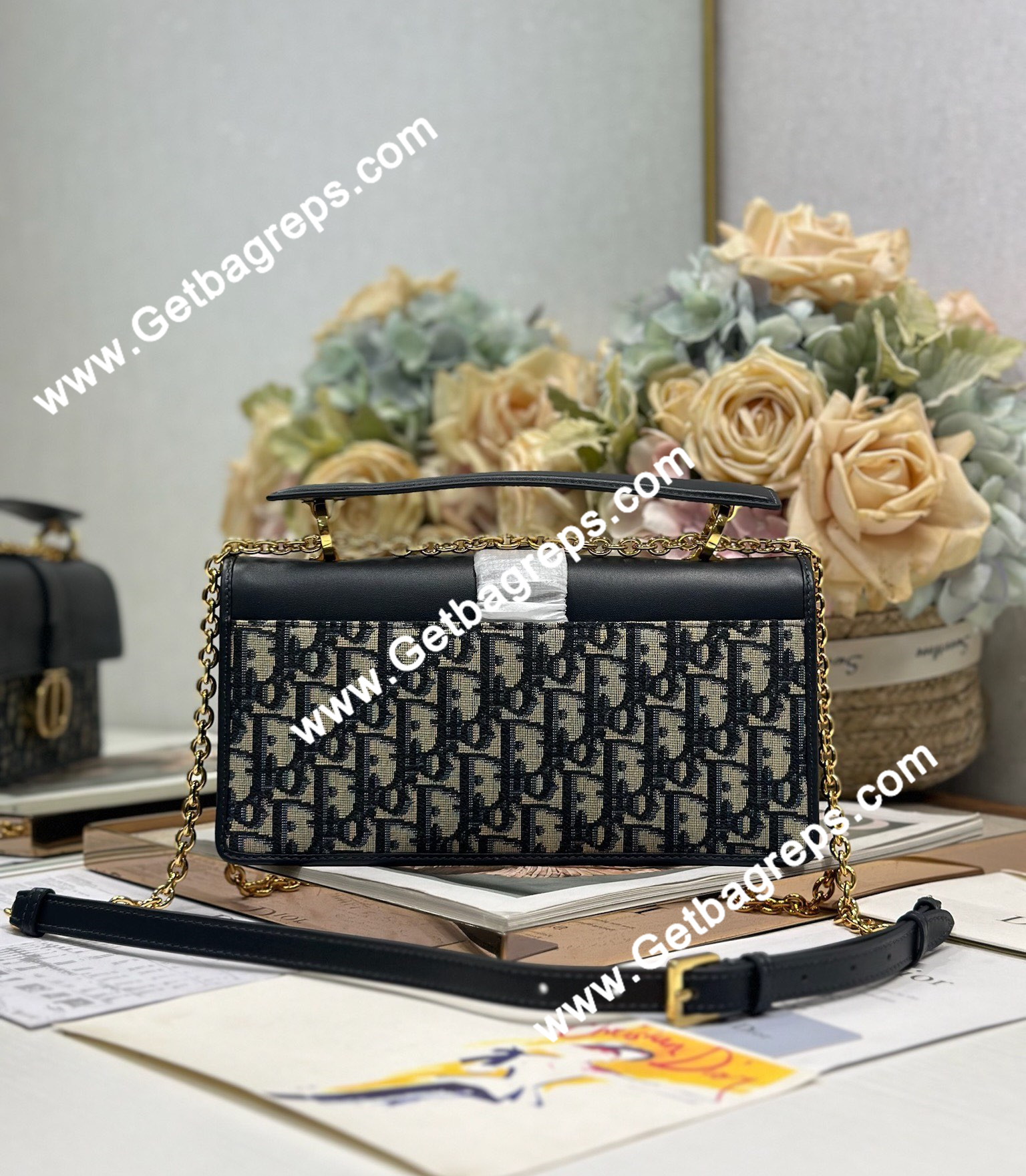 Dior 30 Montaigne Avenue Small Top Handle Bag Black Leather and Blue Oblique 