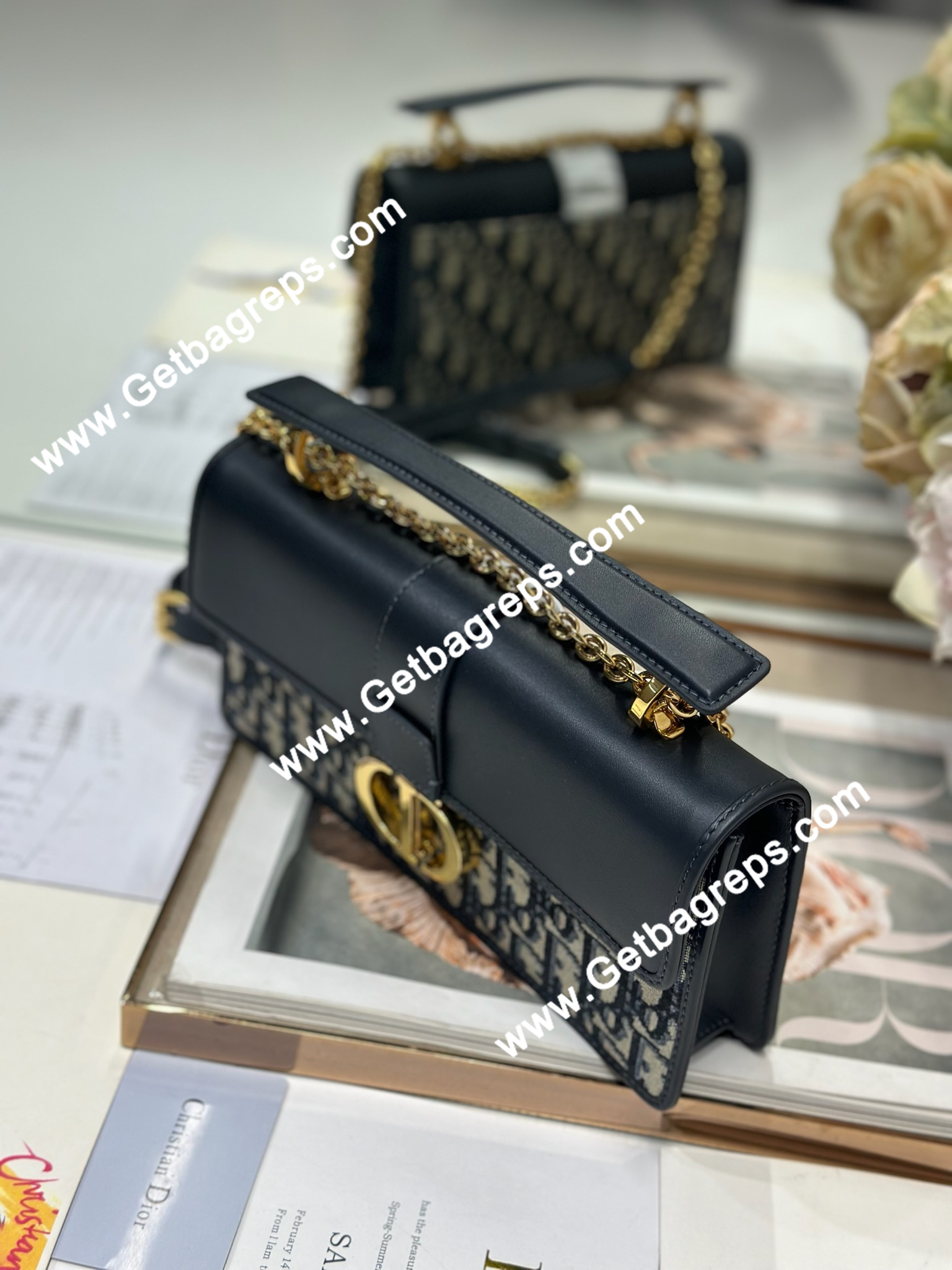 Dior 30 Montaigne Avenue Small Top Handle Bag Black Leather and Blue Oblique 