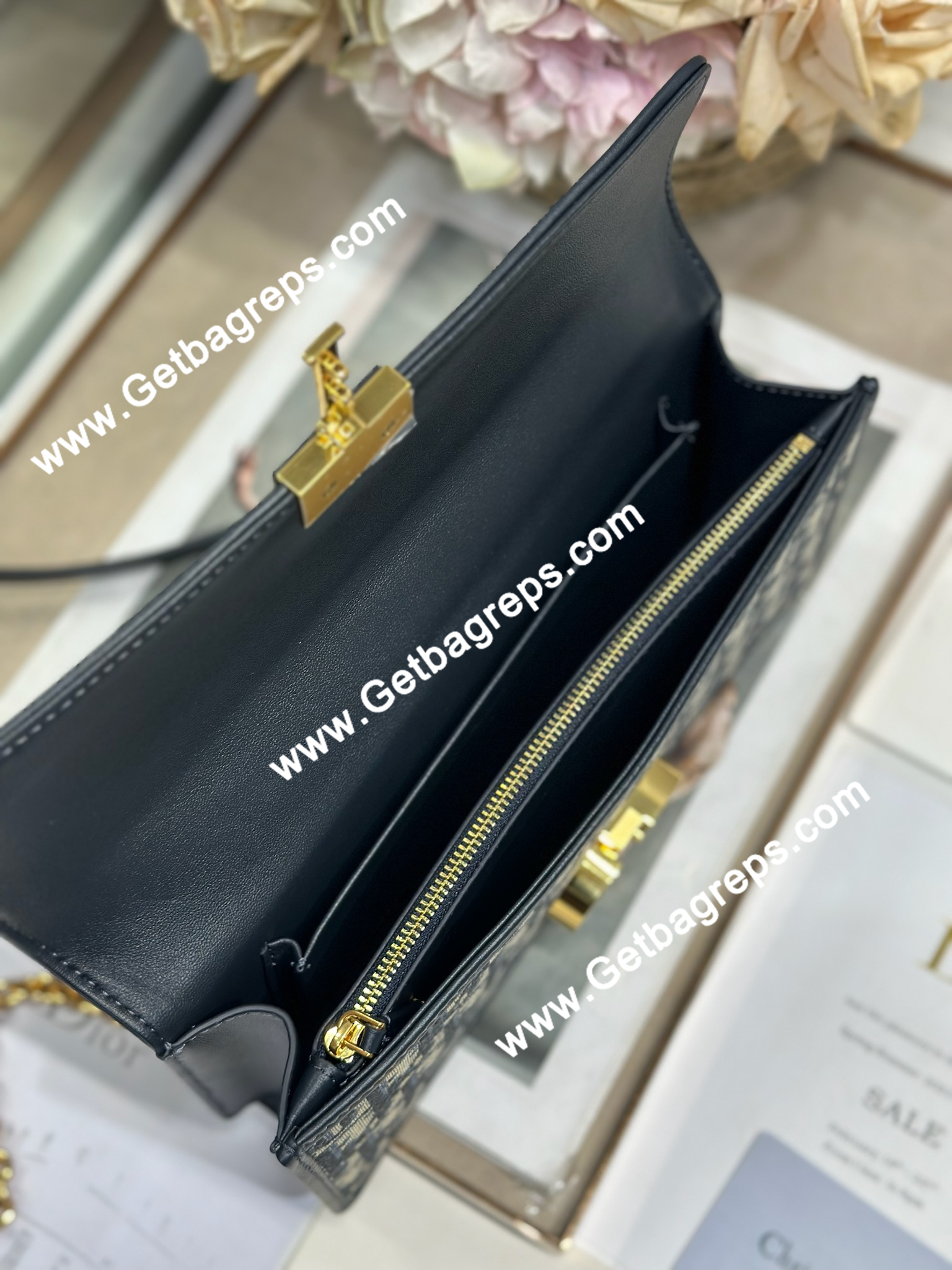 Dior 30 Montaigne Avenue Small Top Handle Bag Black Leather and Blue Oblique 