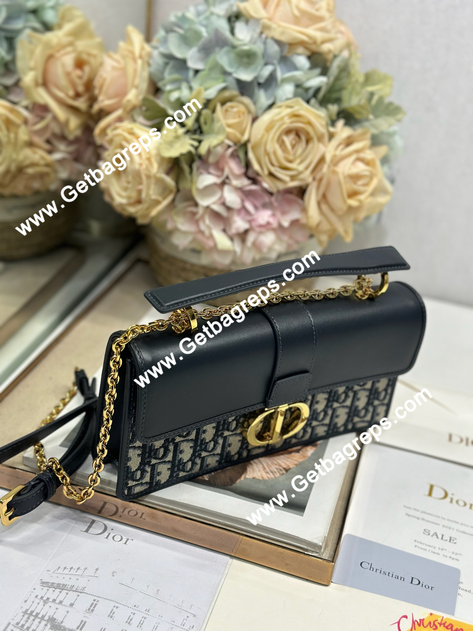 Dior 30 Montaigne Avenue Small Top Handle Bag Black Leather and Blue Oblique 