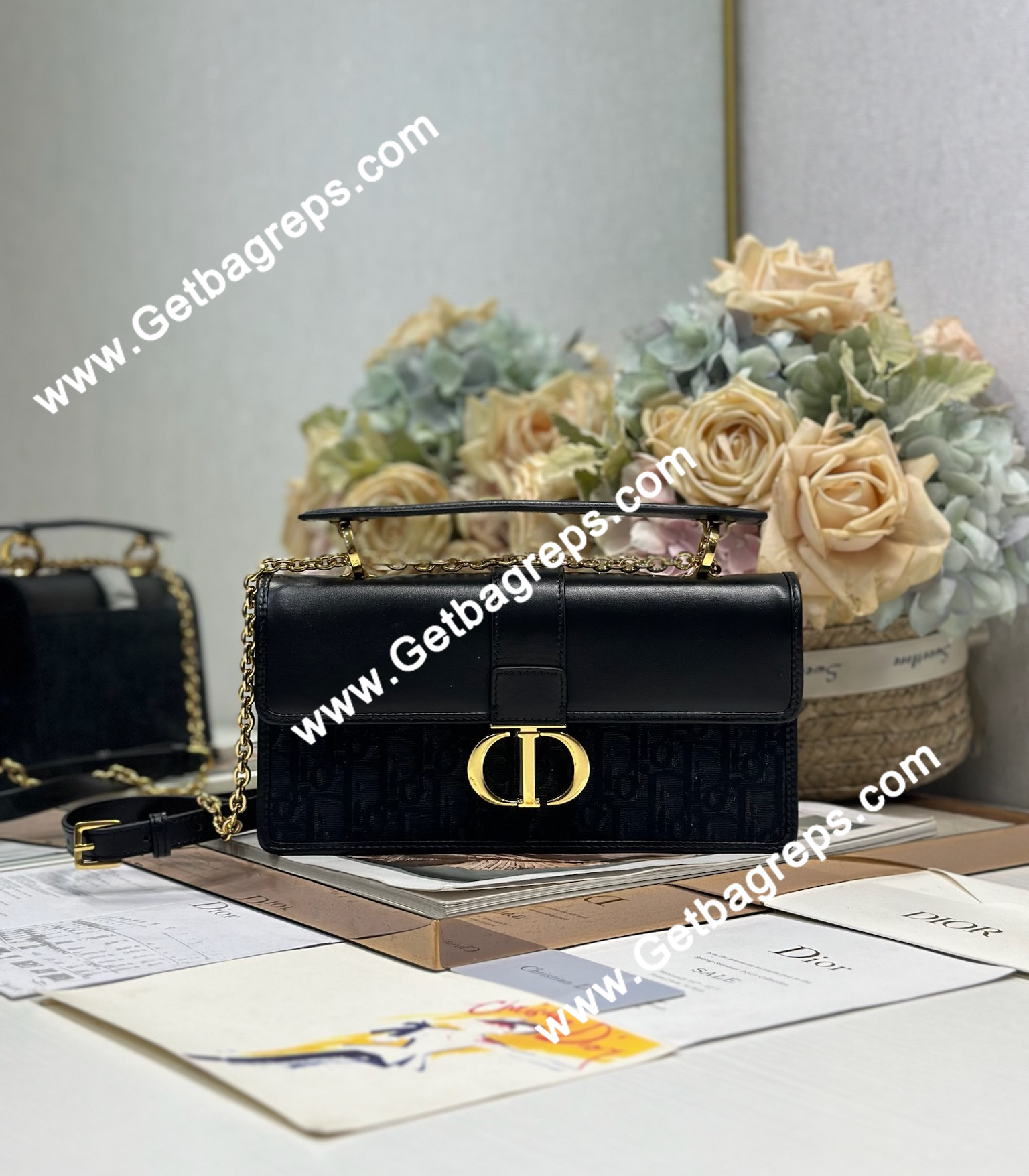 Dior 30 Montaigne Avenue Small Top Handle Bag Black Leather and Oblique 