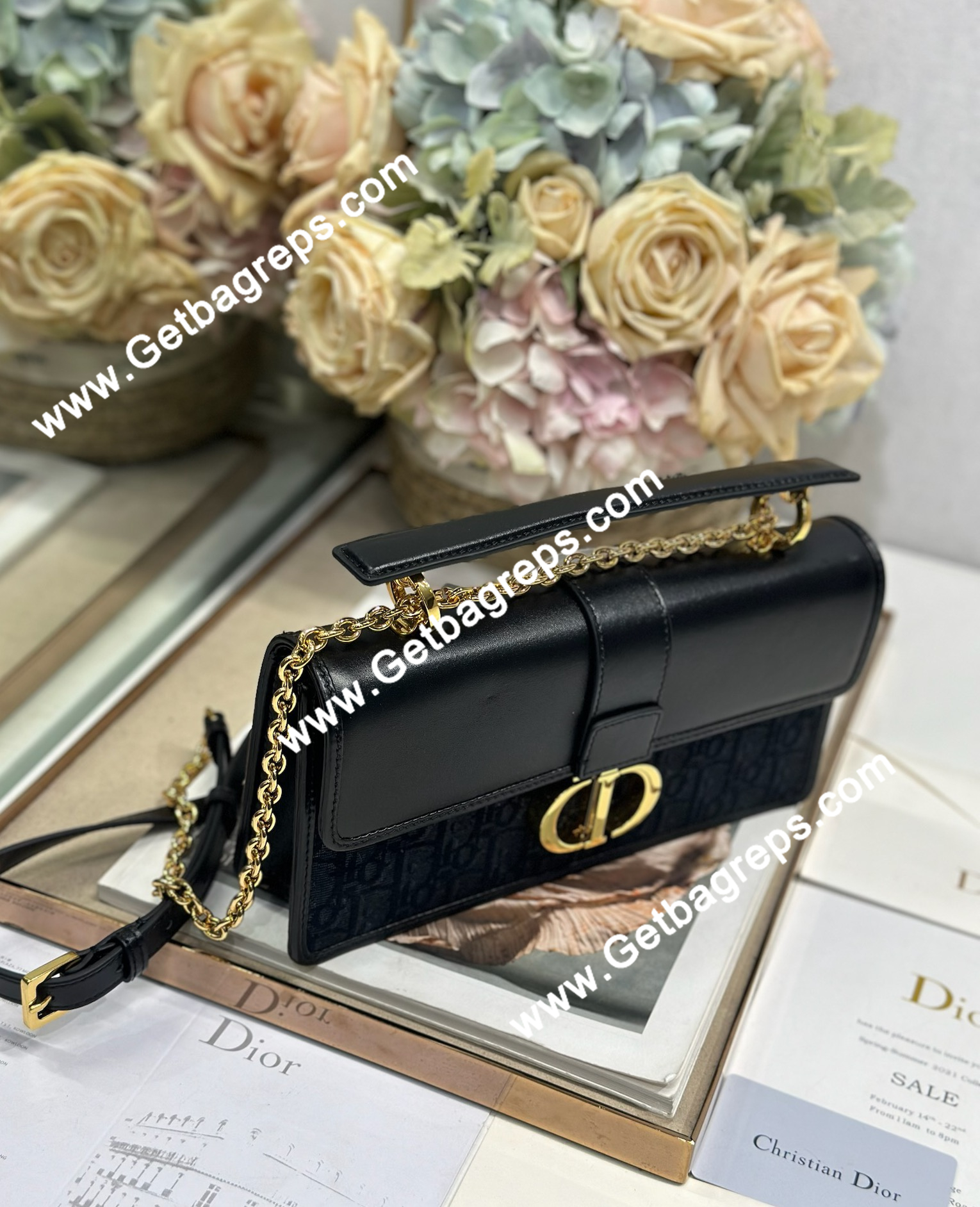 Dior 30 Montaigne Avenue Small Top Handle Bag Black Leather and Oblique 