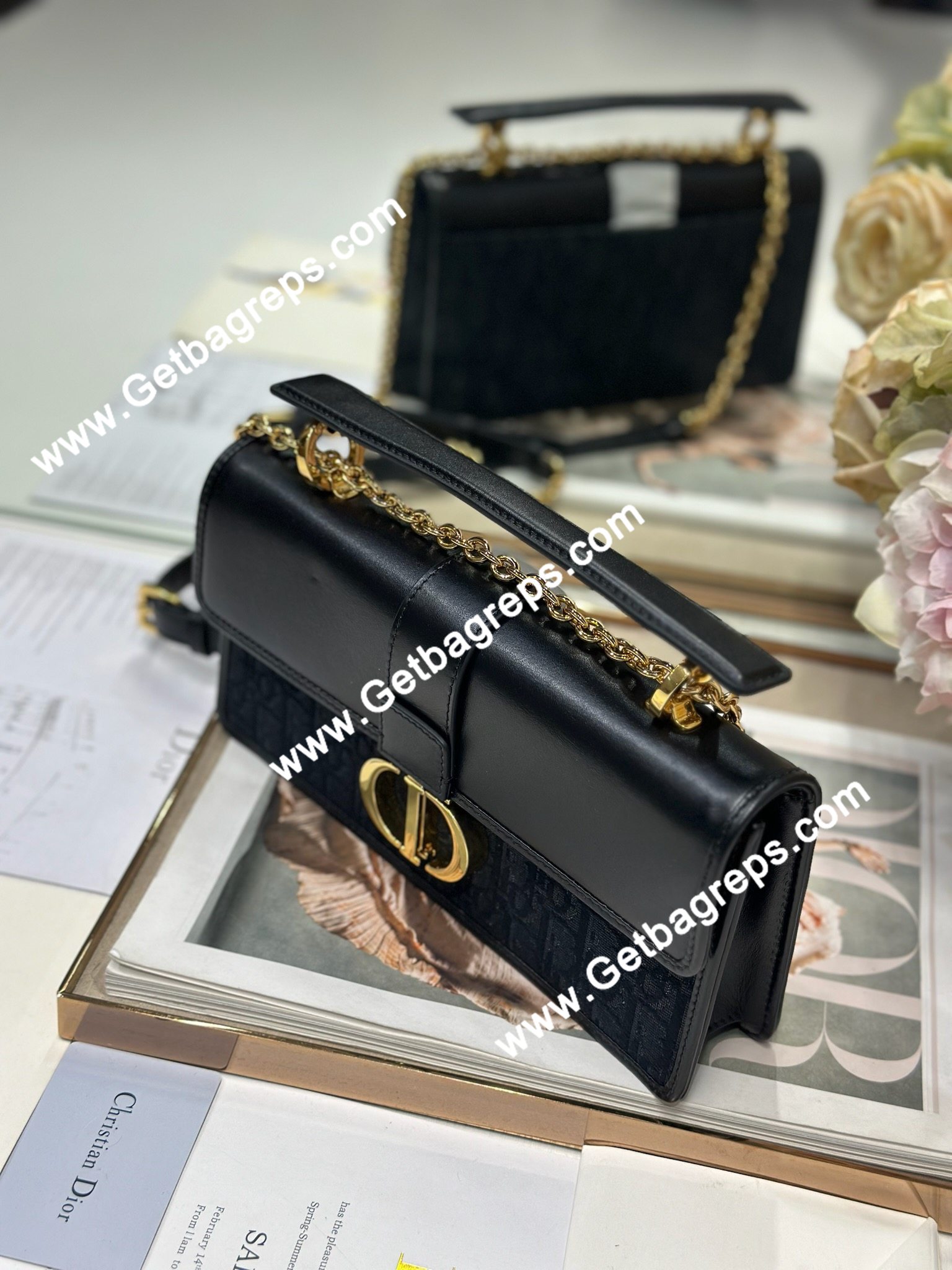 Dior 30 Montaigne Avenue Small Top Handle Bag Black Leather and Oblique 