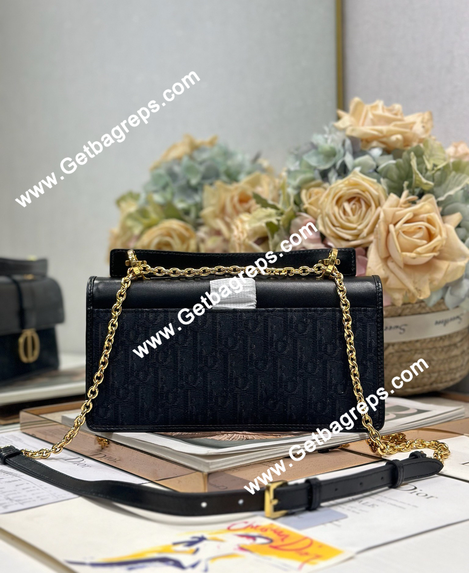 Dior 30 Montaigne Avenue Small Top Handle Bag Black Leather and Oblique 