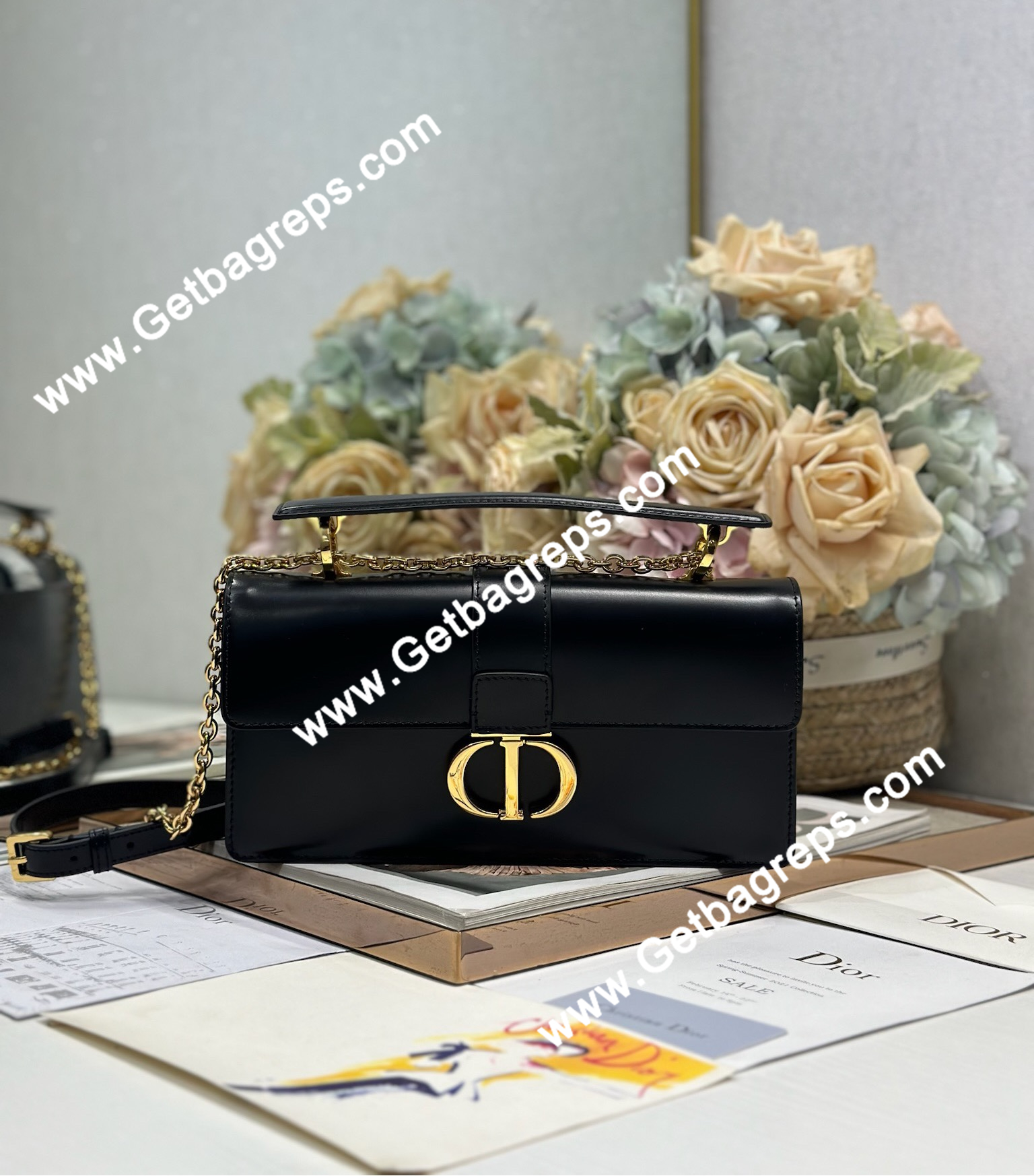 Dior 30 Montaigne Avenue Small Top Handle Bag Black Ribbed Calfskin