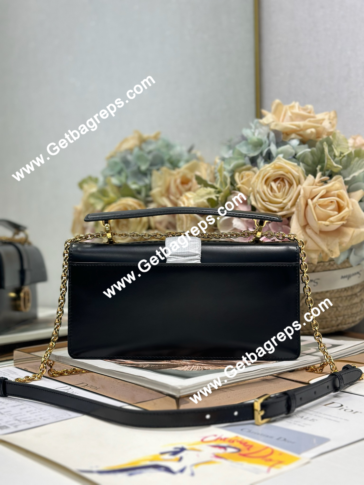 Dior 30 Montaigne Avenue Small Top Handle Bag Black Ribbed Calfskin