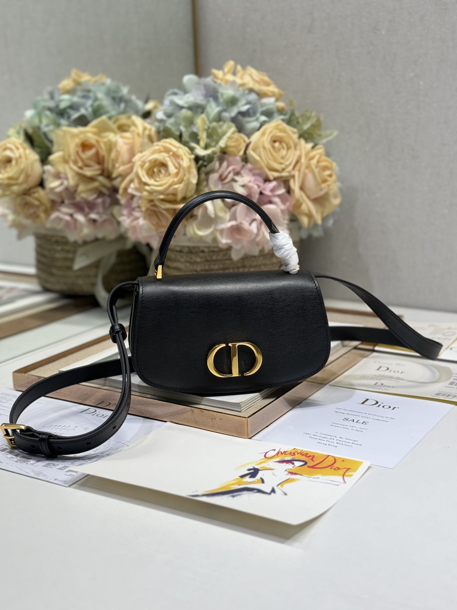 Dior 30 Montaigne Avenue Top Handle Black Leather Small