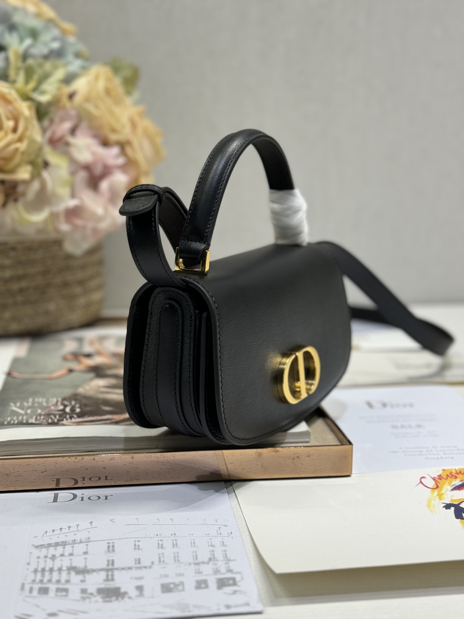 Dior 30 Montaigne Avenue Top Handle Black Leather Small