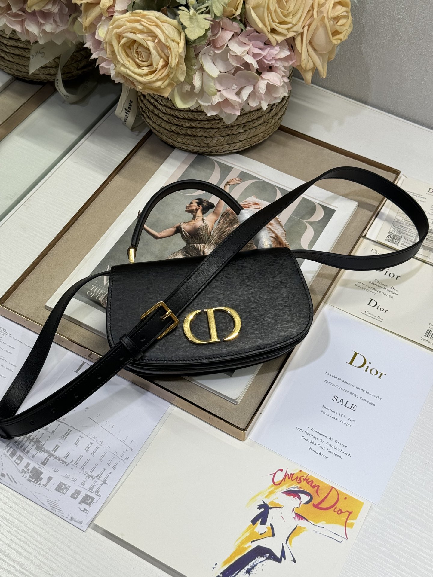 Dior 30 Montaigne Avenue Top Handle Black Leather Small