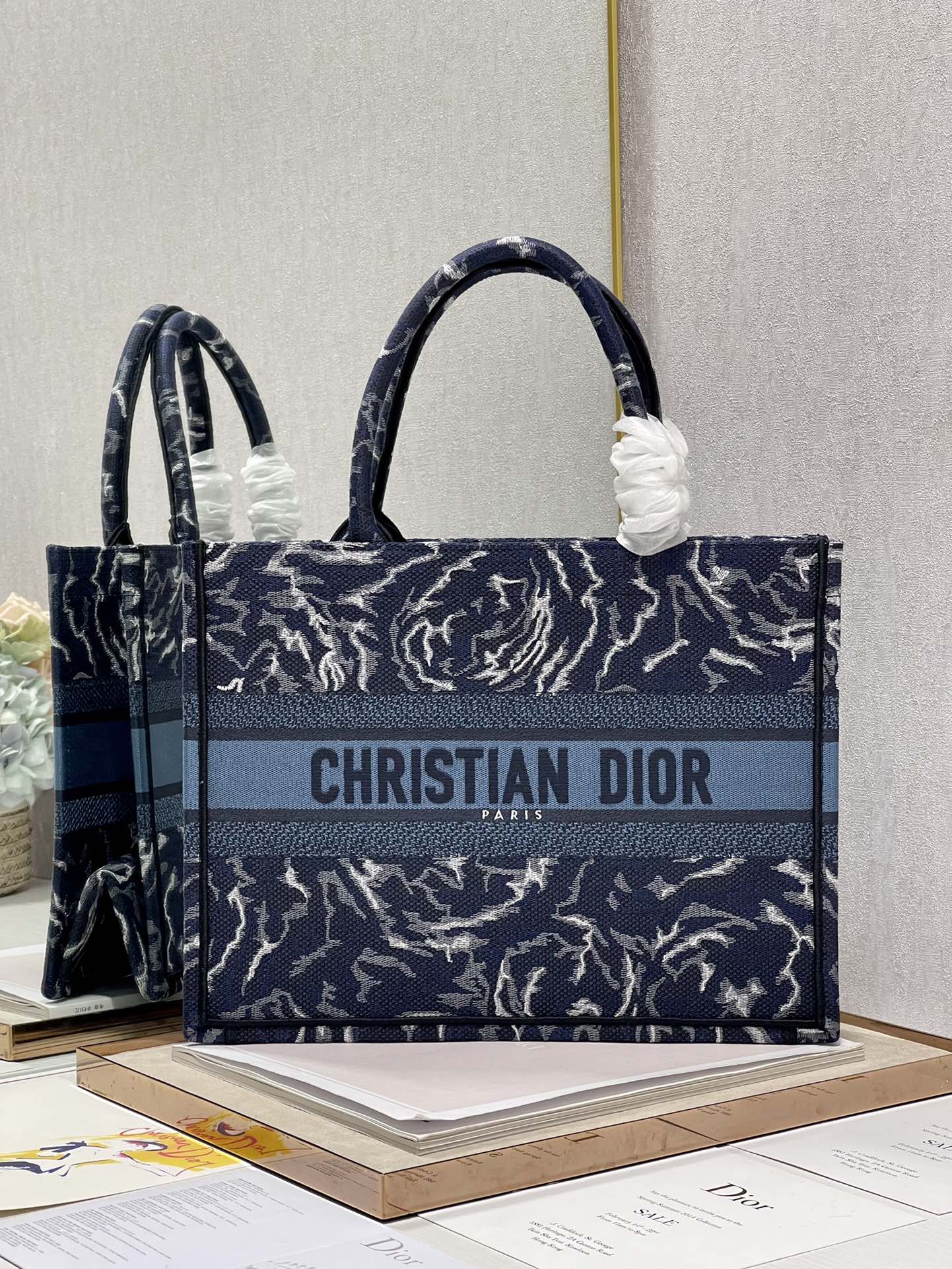 Dior 36cm Book Tote Blue Dior Roses Embroidery