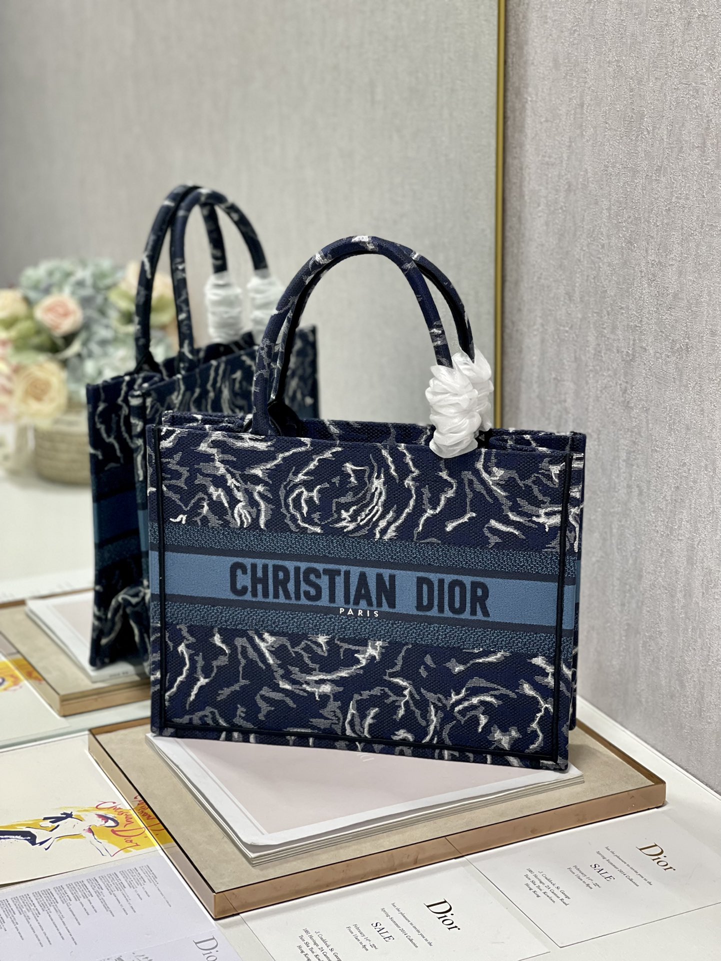 Dior 36cm Book Tote Blue Dior Roses Embroidery