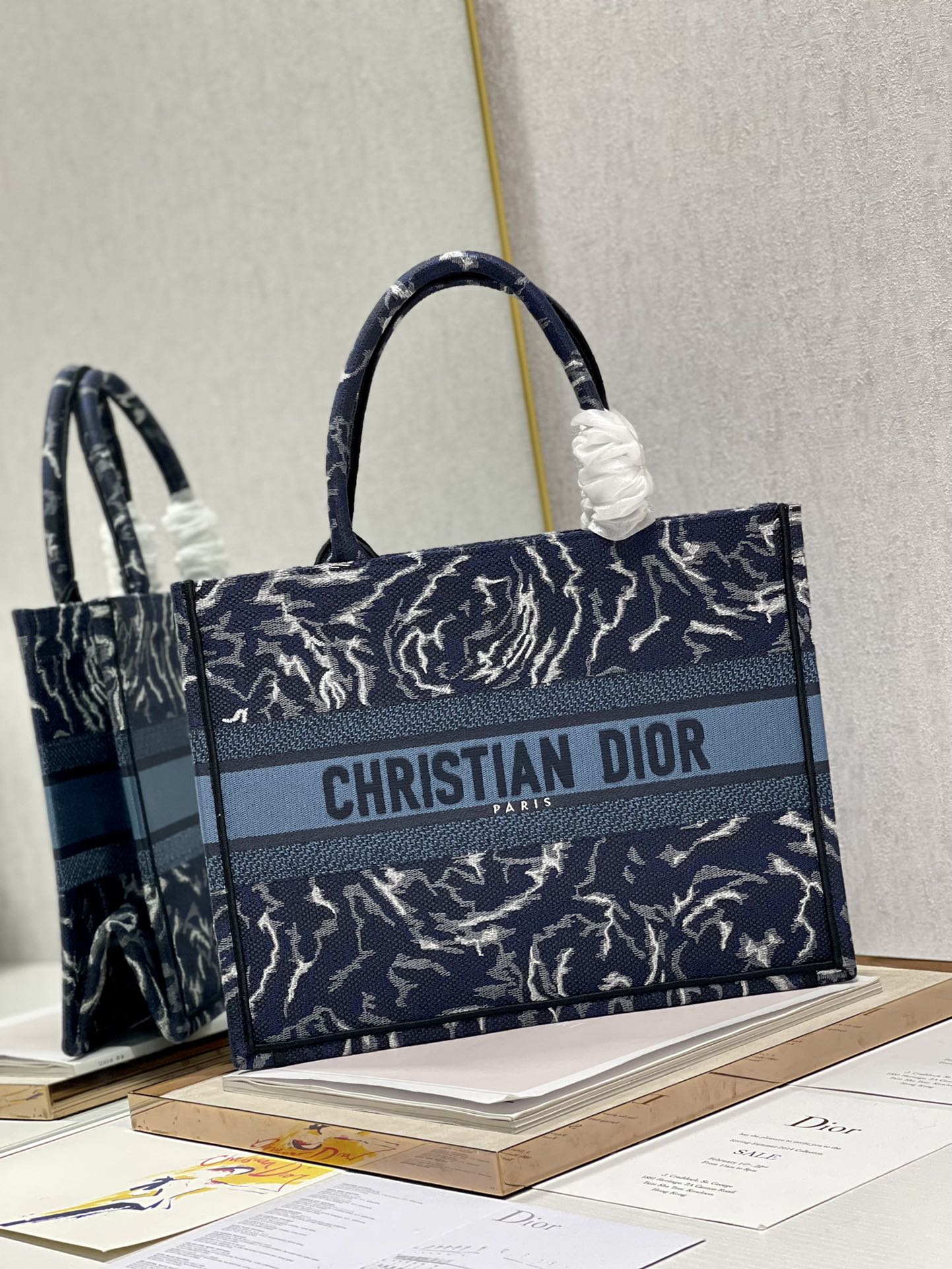 Dior 36cm Book Tote Blue Dior Roses Embroidery