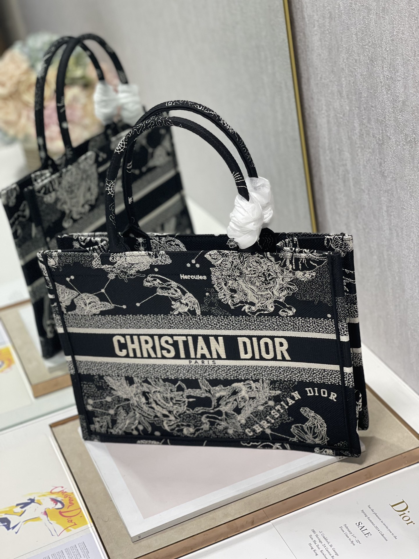 Dior 36cm Book Tote Latte Toile de Jouy Zodiac Embroidery Black