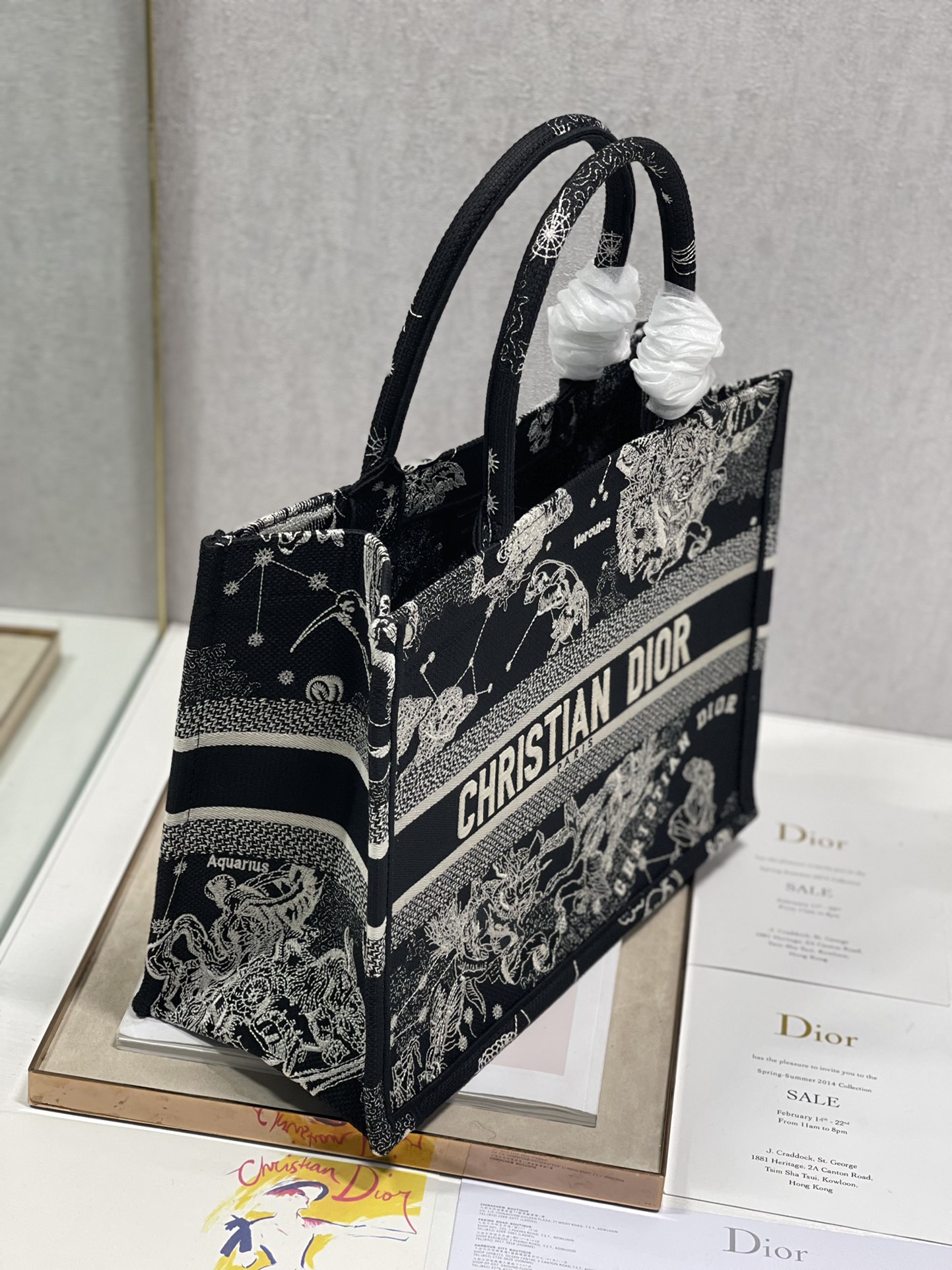 Dior 36cm Book Tote Latte Toile de Jouy Zodiac Embroidery Black