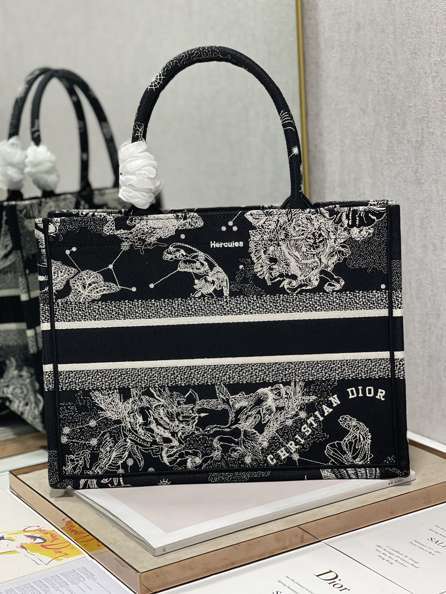 Dior 36cm Book Tote Latte Toile de Jouy Zodiac Embroidery Black