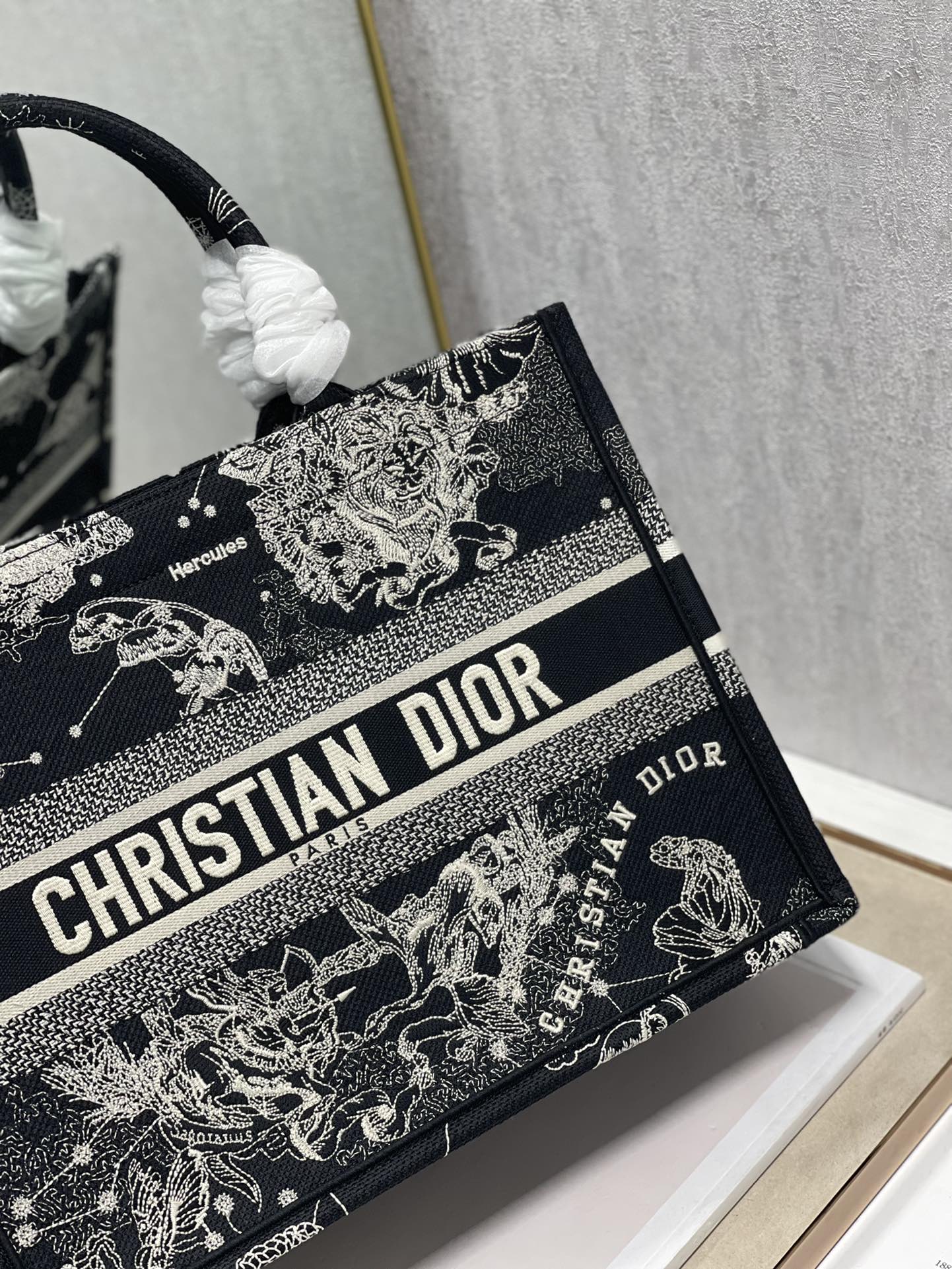 Dior 36cm Book Tote Latte Toile de Jouy Zodiac Embroidery Black