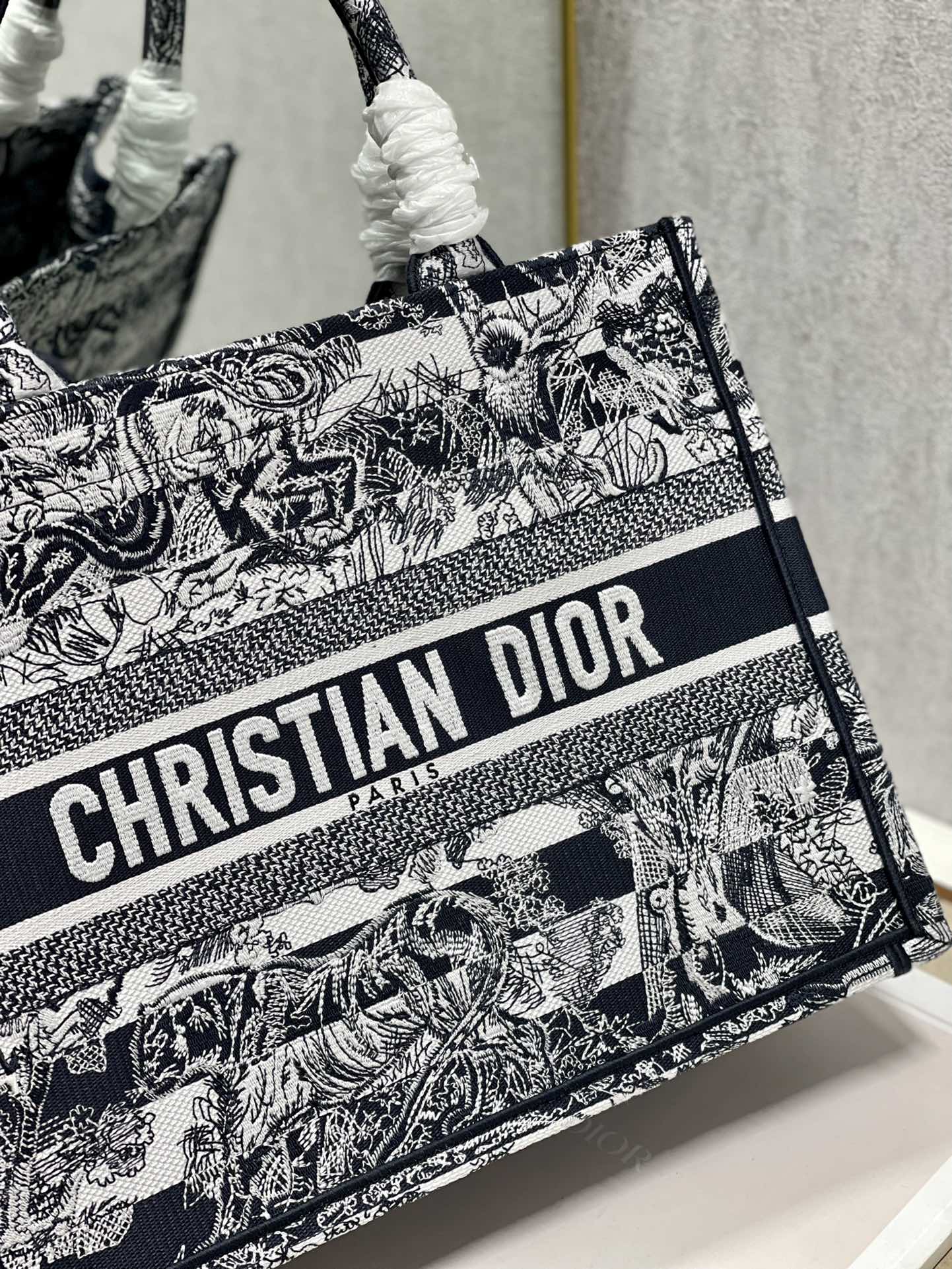 Dior 36cm Book Tote Navy Blue Toile de Jouy Stripes Embroider