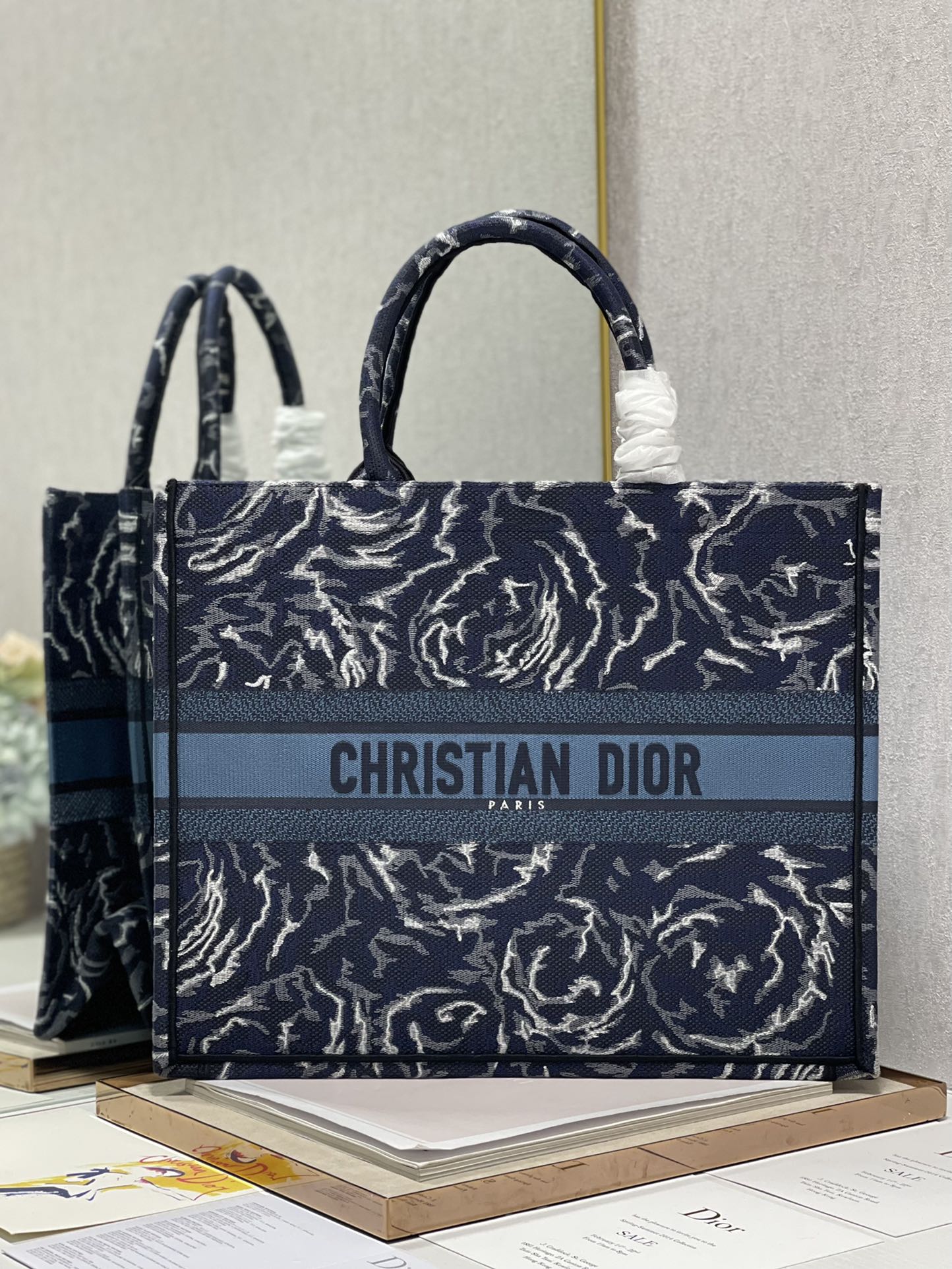 Dior 41cm Book Tote Blue Dior Roses Embroidery