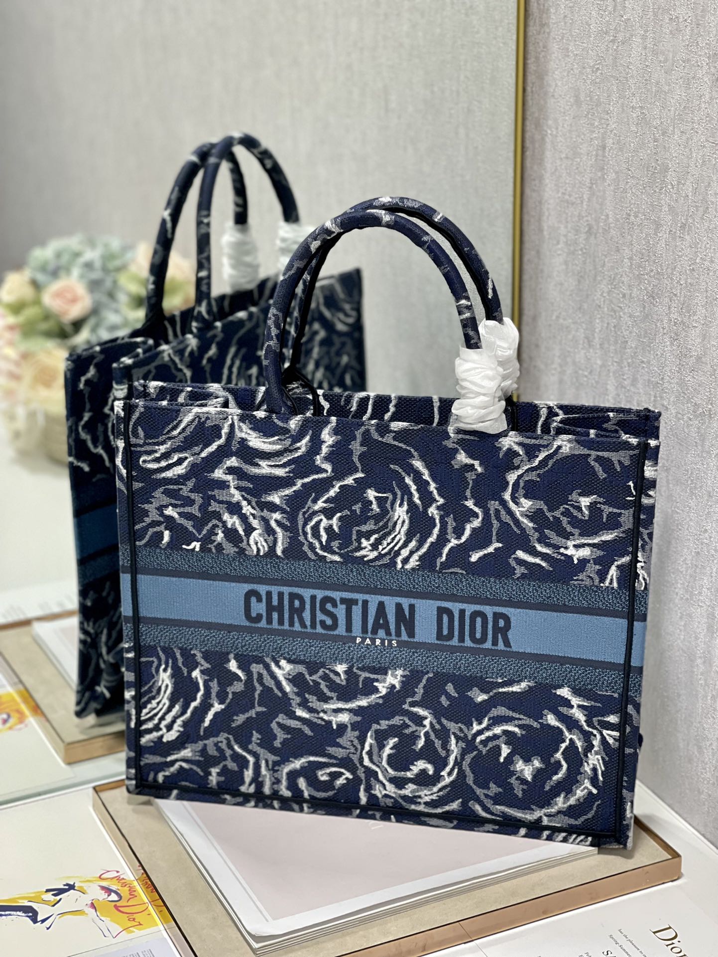 Dior 41cm Book Tote Blue Dior Roses Embroidery