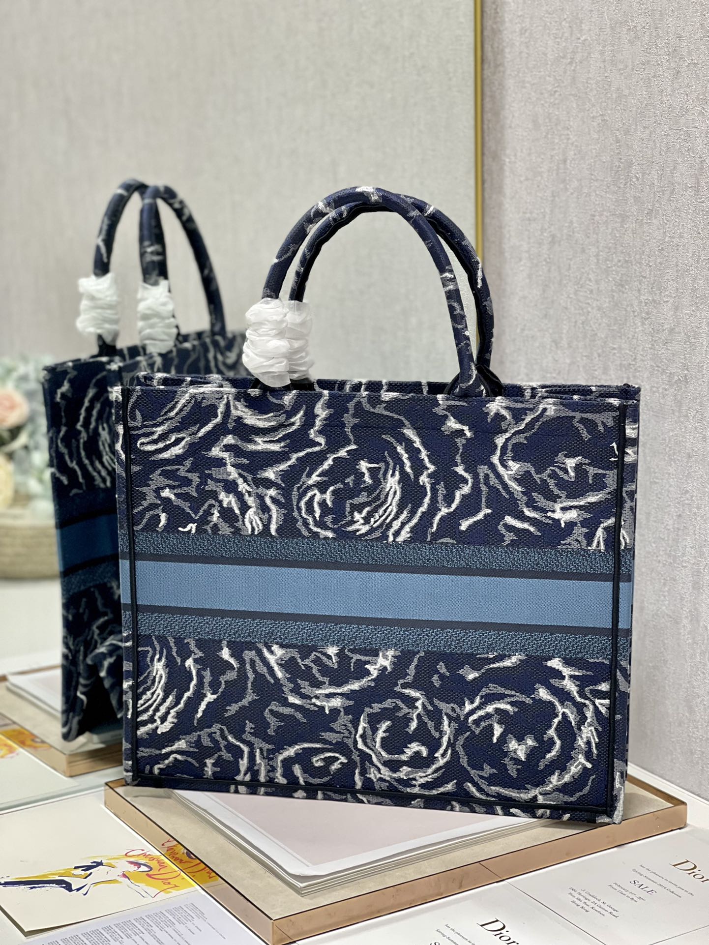 Dior 41cm Book Tote Blue Dior Roses Embroidery