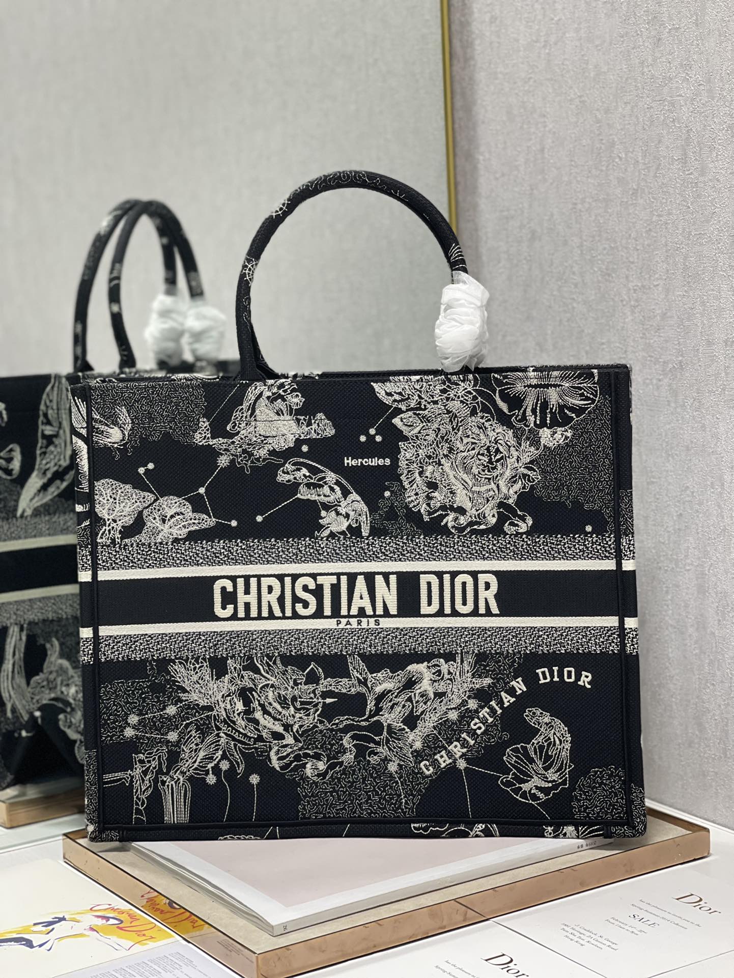 Dior 41cm Book Tote Latte Toile de Jouy Zodiac Embroidery Black