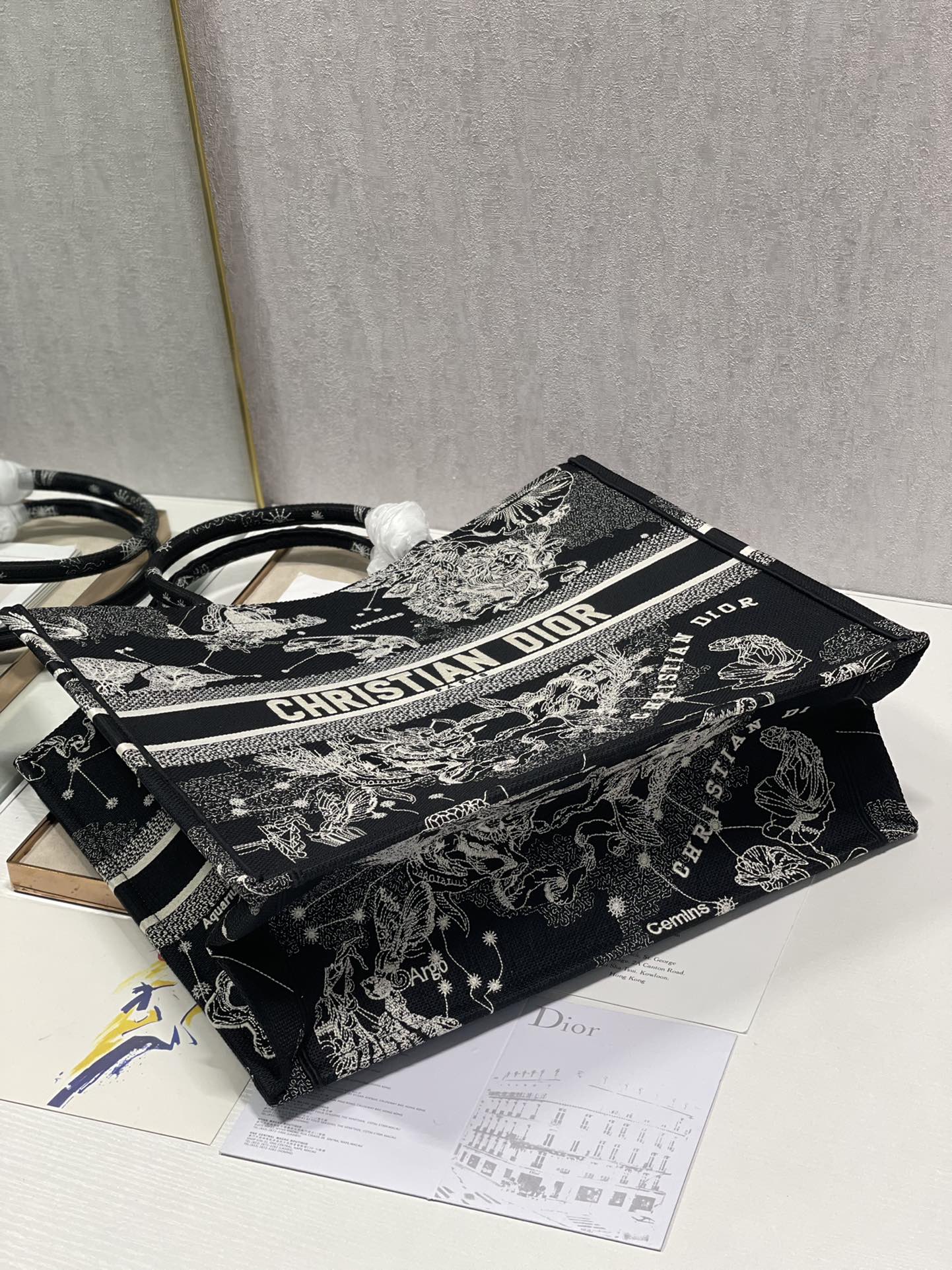 Dior 41cm Book Tote Latte Toile de Jouy Zodiac Embroidery Black