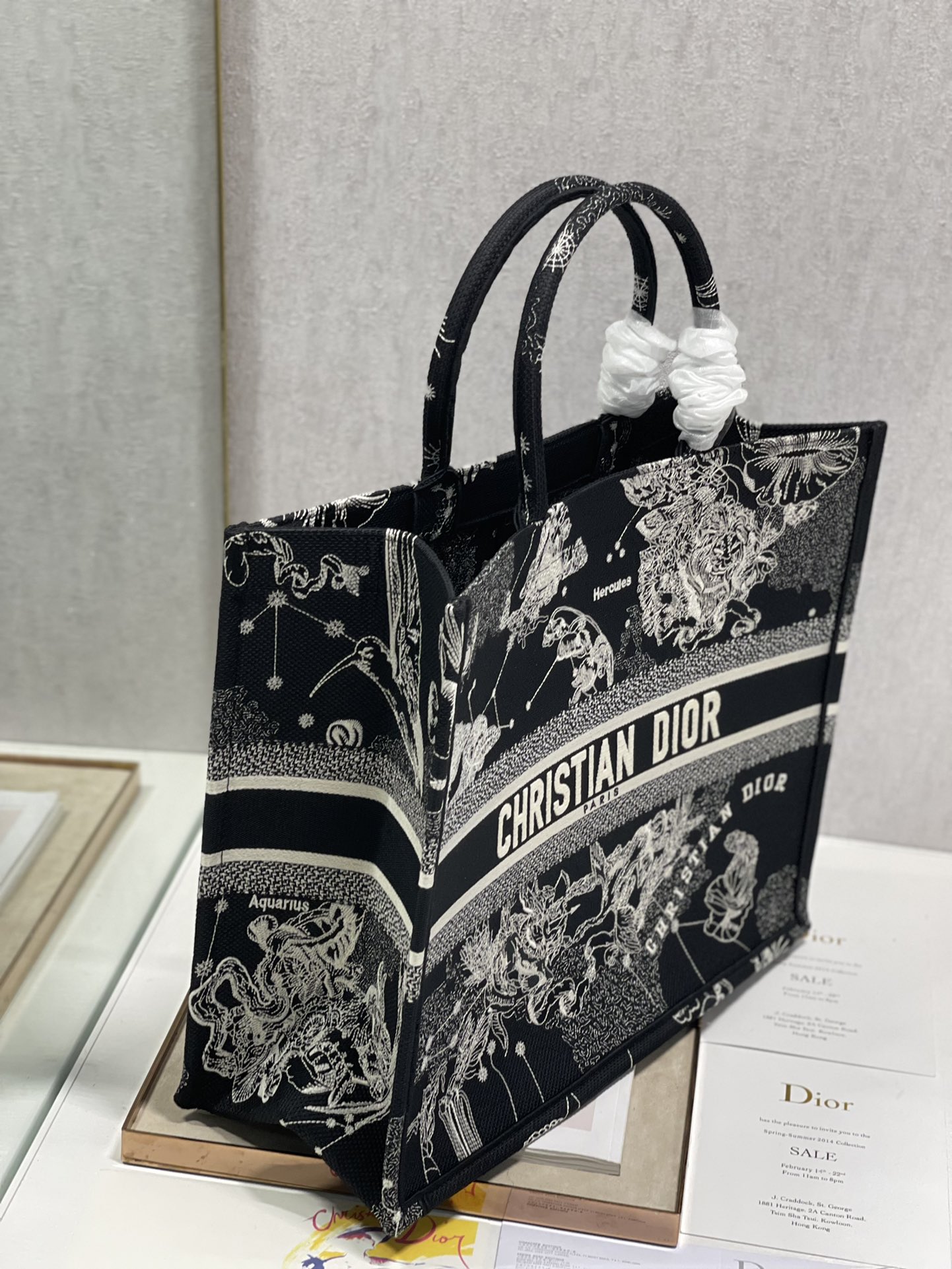 Dior 41cm Book Tote Latte Toile de Jouy Zodiac Embroidery Black