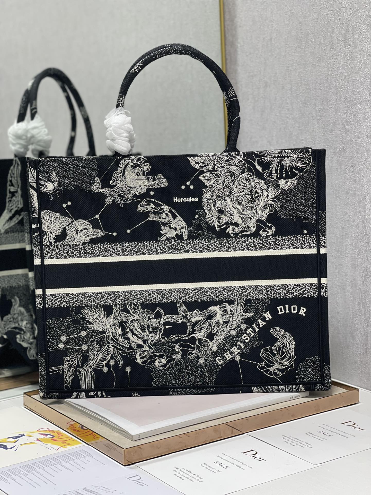 Dior 41cm Book Tote Latte Toile de Jouy Zodiac Embroidery Black