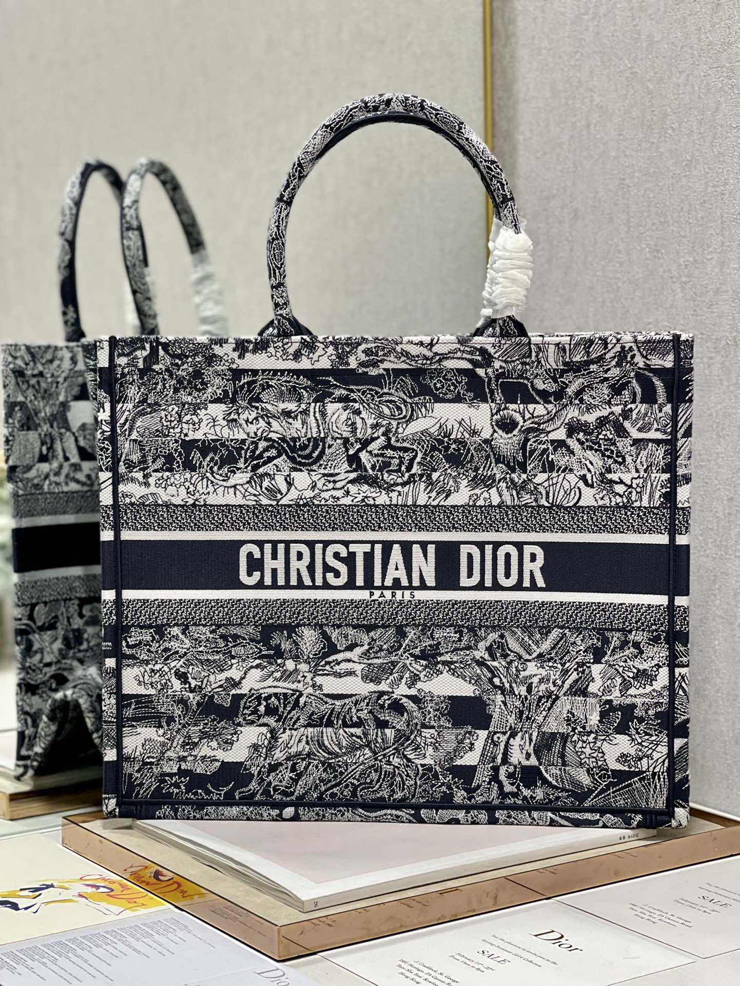 Dior 41cm Book Tote Navy Blue Toile de Jouy Stripes Embroider