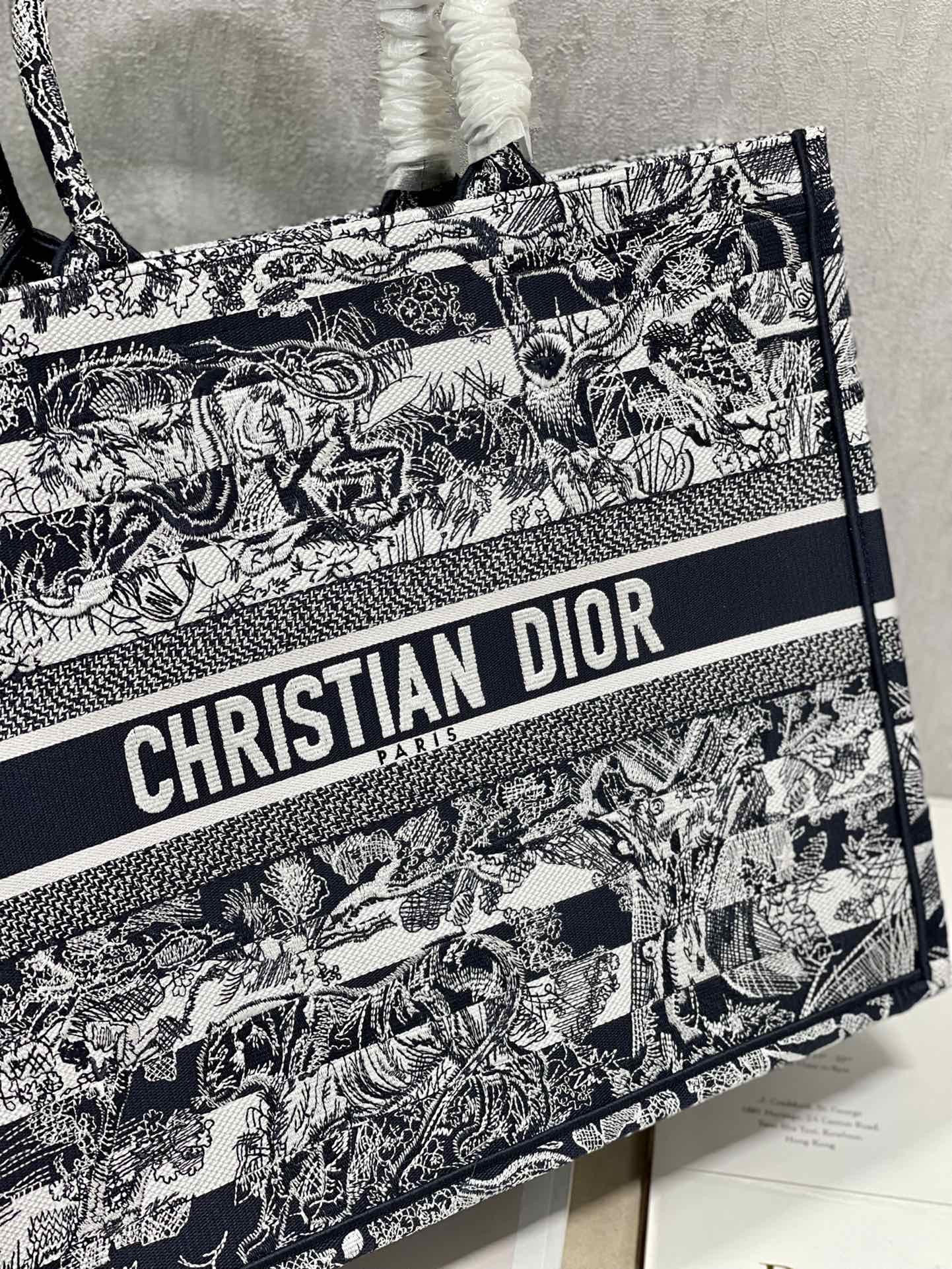 Dior 41cm Book Tote Navy Blue Toile de Jouy Stripes Embroider