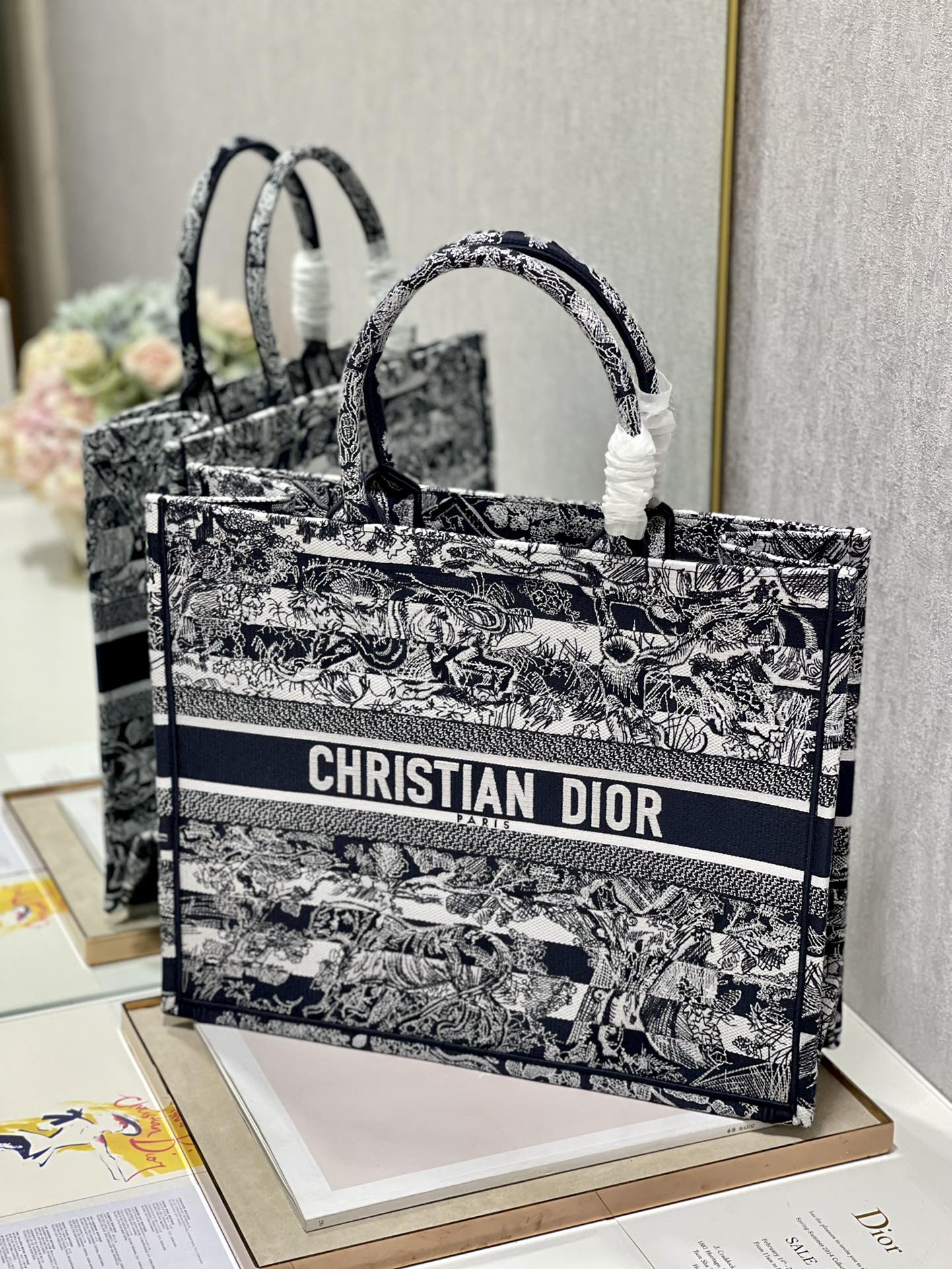 Dior 41cm Book Tote Navy Blue Toile de Jouy Stripes Embroider